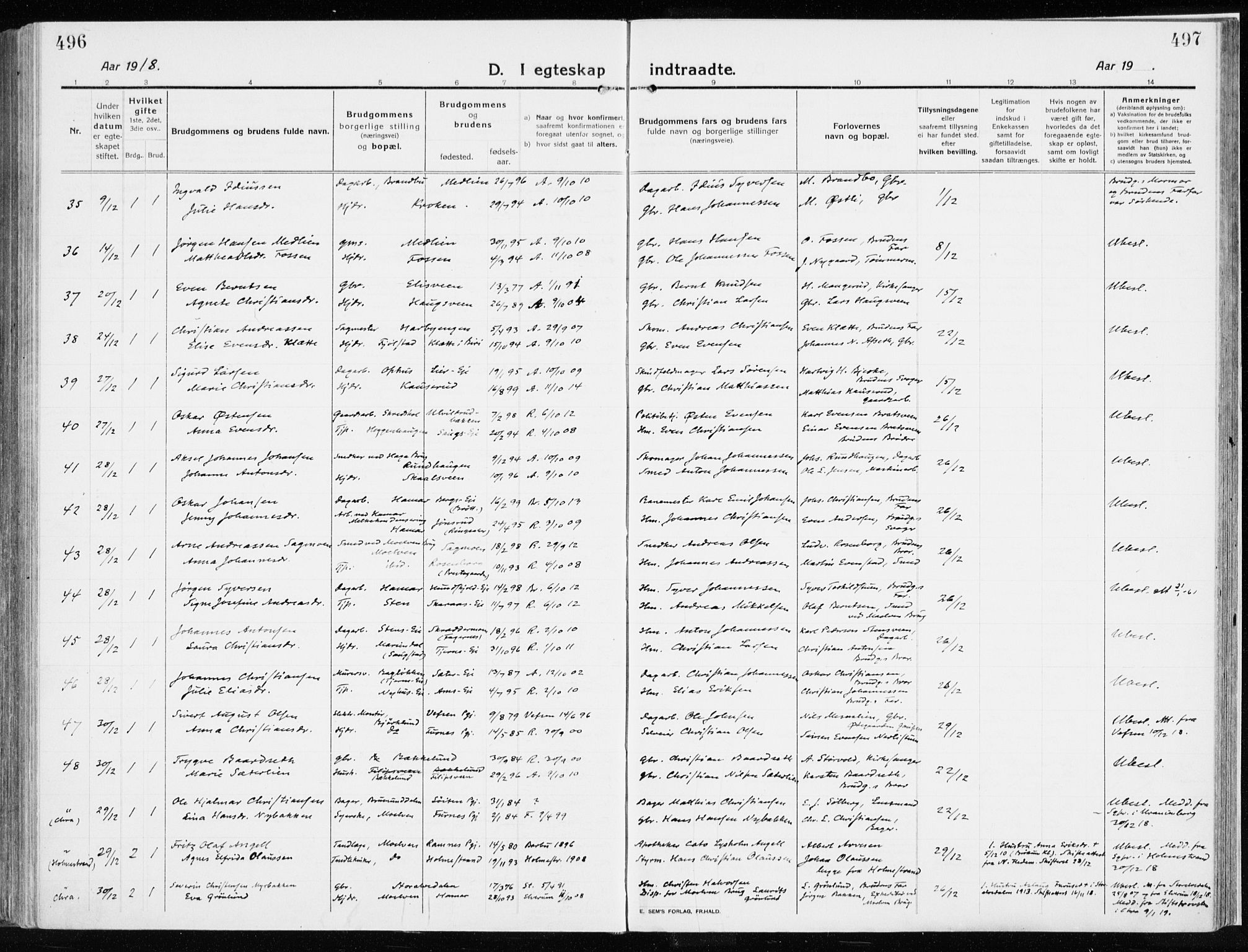 Ringsaker prestekontor, AV/SAH-PREST-014/K/Ka/L0020: Parish register (official) no. 20, 1913-1922, p. 496-497