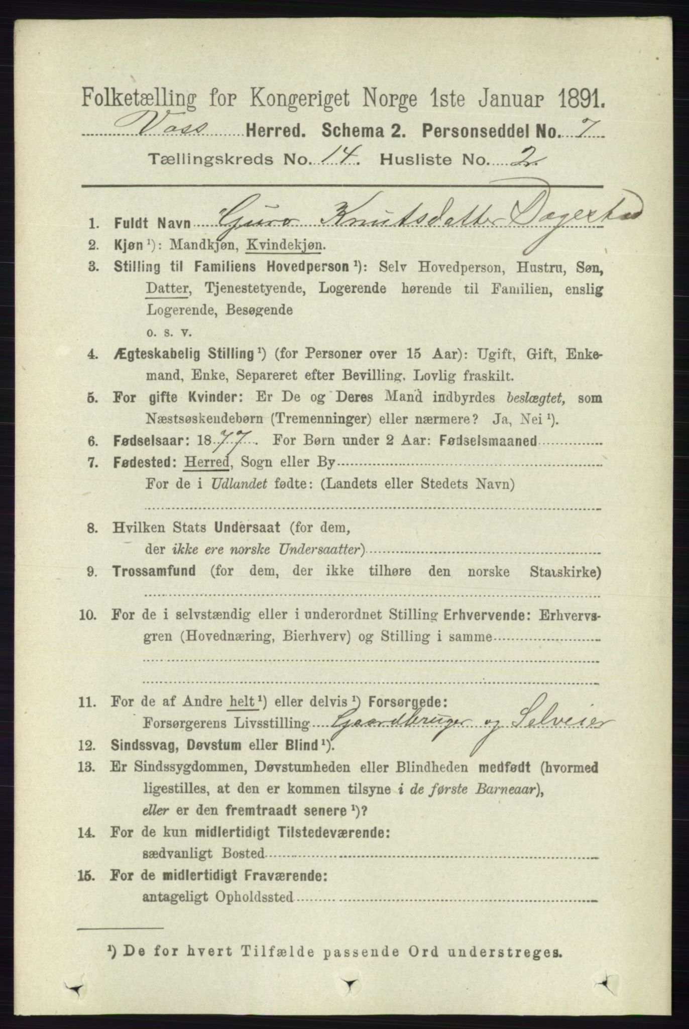 RA, 1891 census for 1235 Voss, 1891, p. 7273