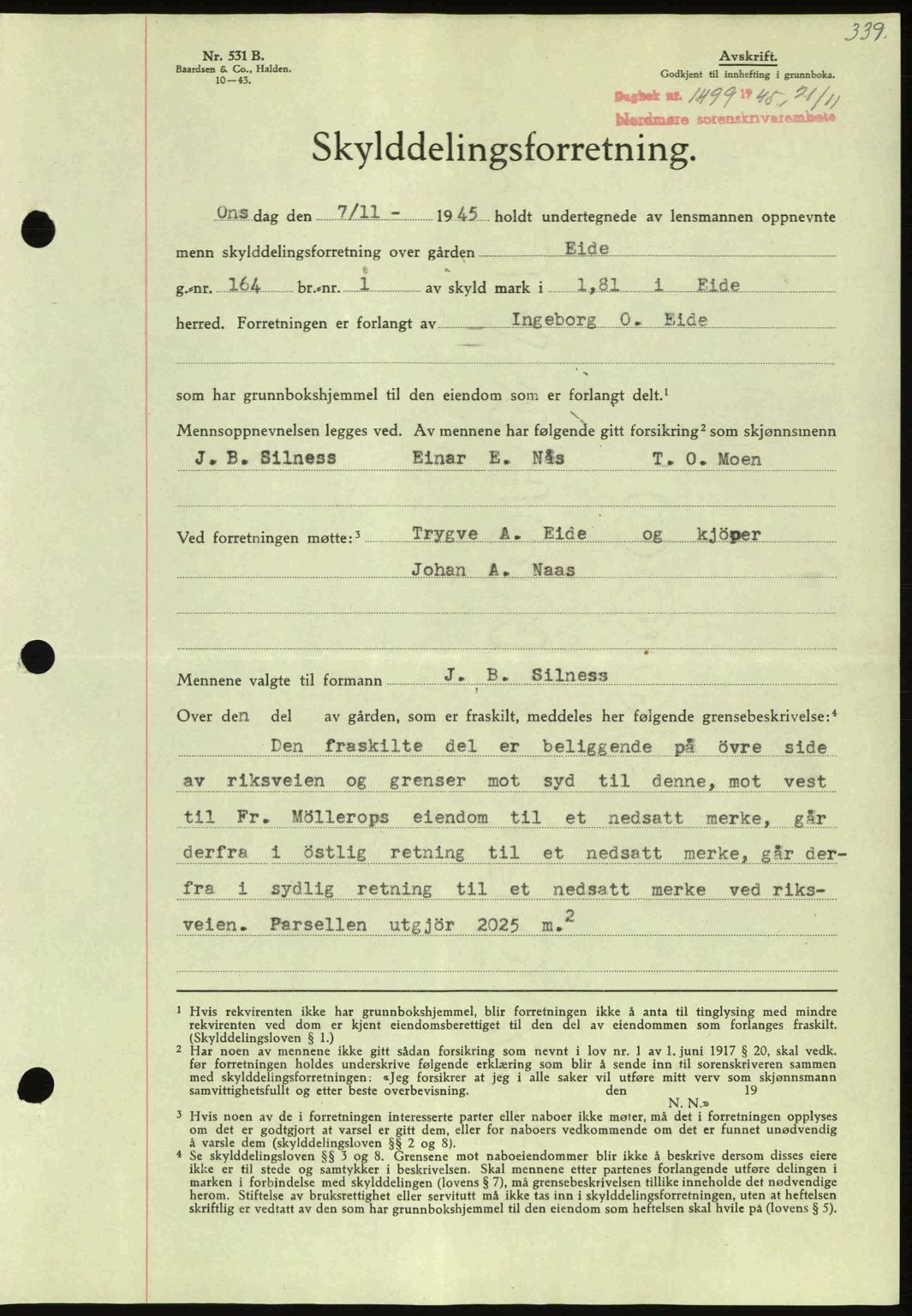 Nordmøre sorenskriveri, AV/SAT-A-4132/1/2/2Ca: Mortgage book no. A100a, 1945-1945, Diary no: : 1499/1945