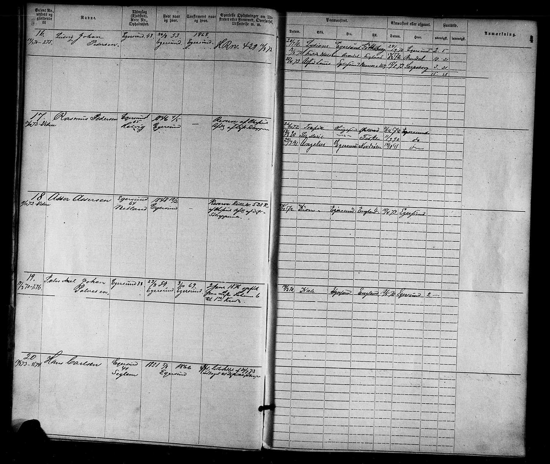 Egersund mønstringskrets, SAK/2031-0019/F/Fa/L0001: Annotasjonsrulle nr 1-1440 med register, O-1, 1869-1895, p. 18