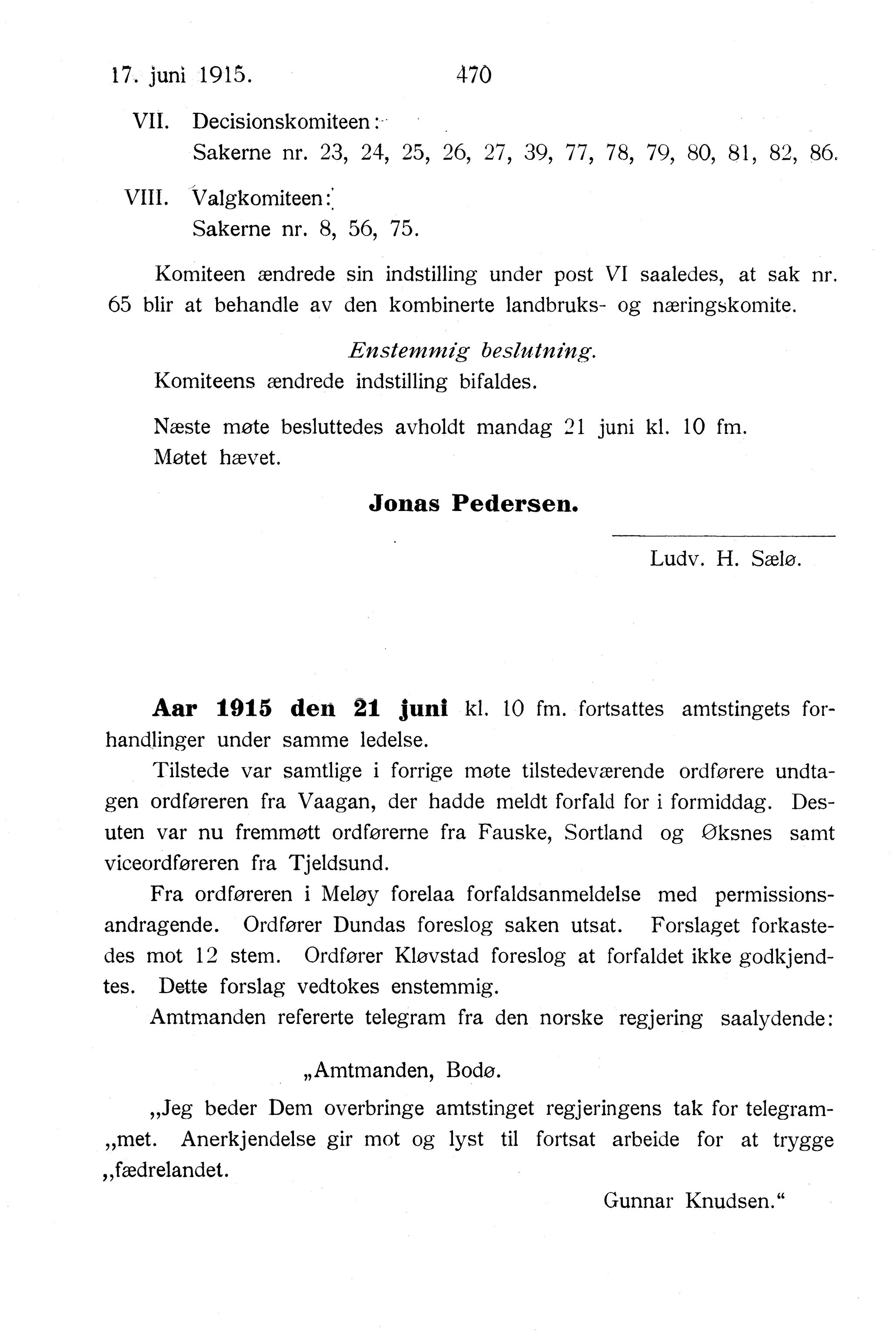 Nordland Fylkeskommune. Fylkestinget, AIN/NFK-17/176/A/Ac/L0038: Fylkestingsforhandlinger 1915, 1915, p. 470