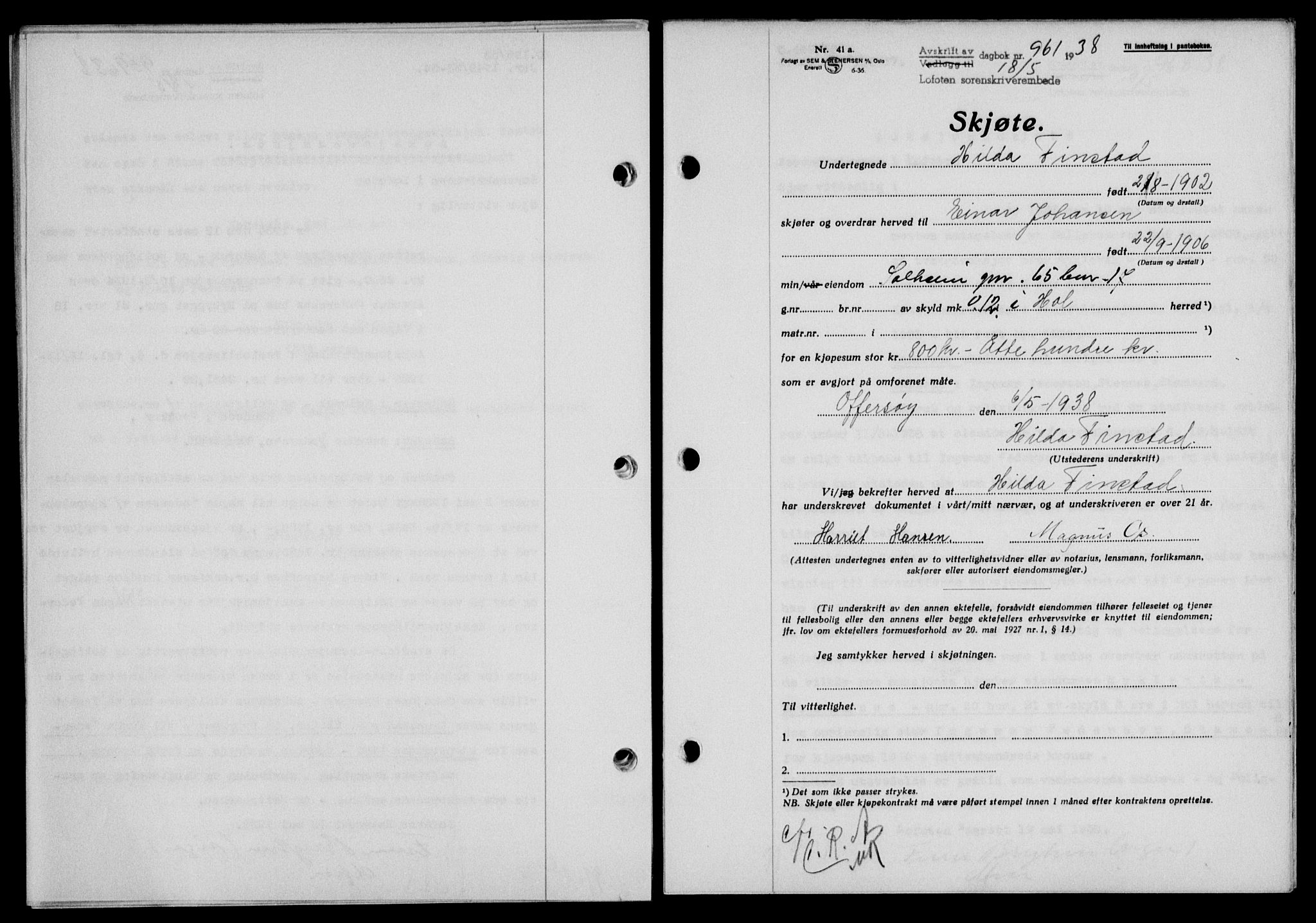 Lofoten sorenskriveri, SAT/A-0017/1/2/2C/L0004a: Mortgage book no. 4a, 1938-1938, Diary no: : 961/1938