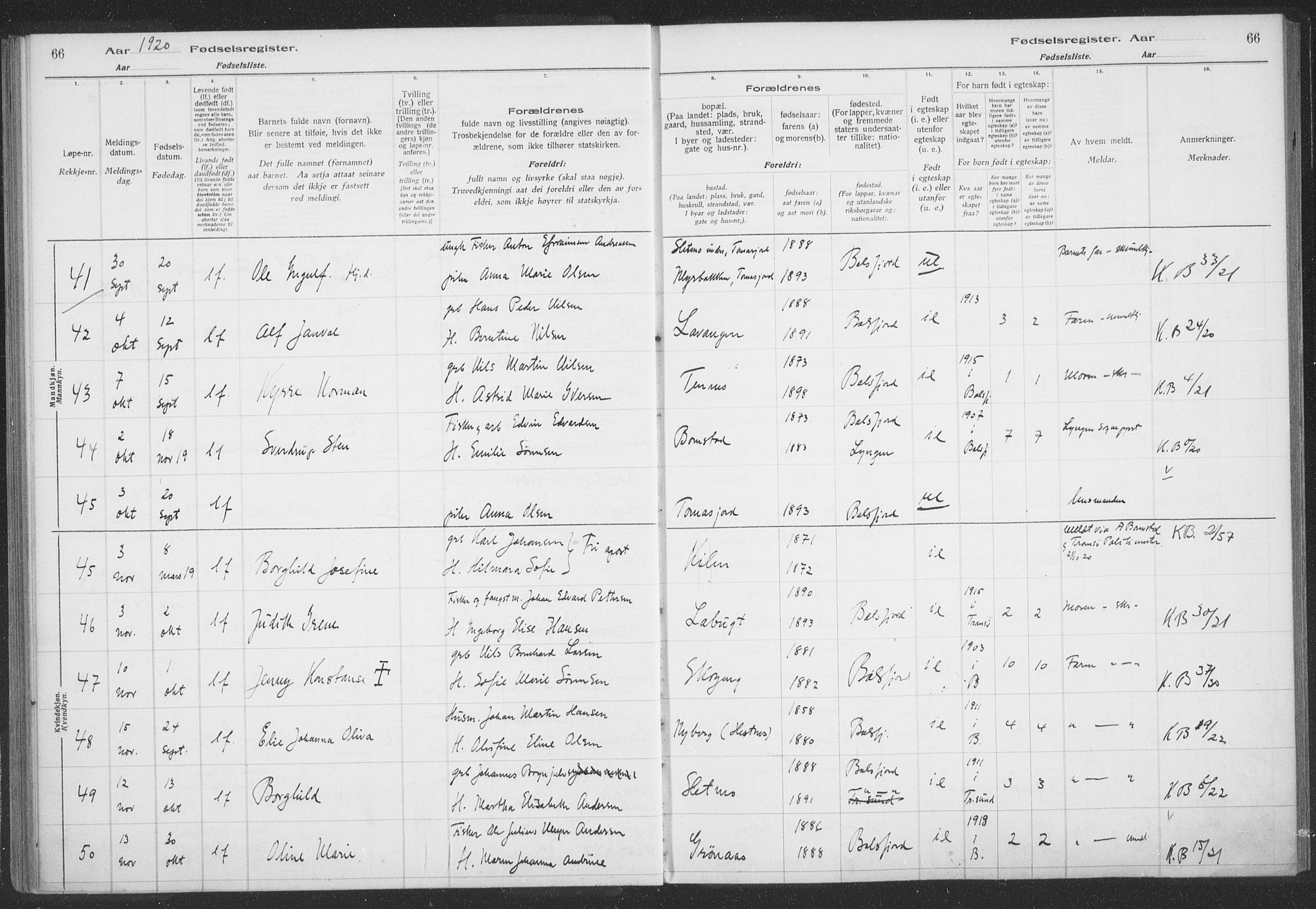 Balsfjord sokneprestembete, AV/SATØ-S-1303/H/Hb/L0059: Birth register no. 59, 1916-1930, p. 66