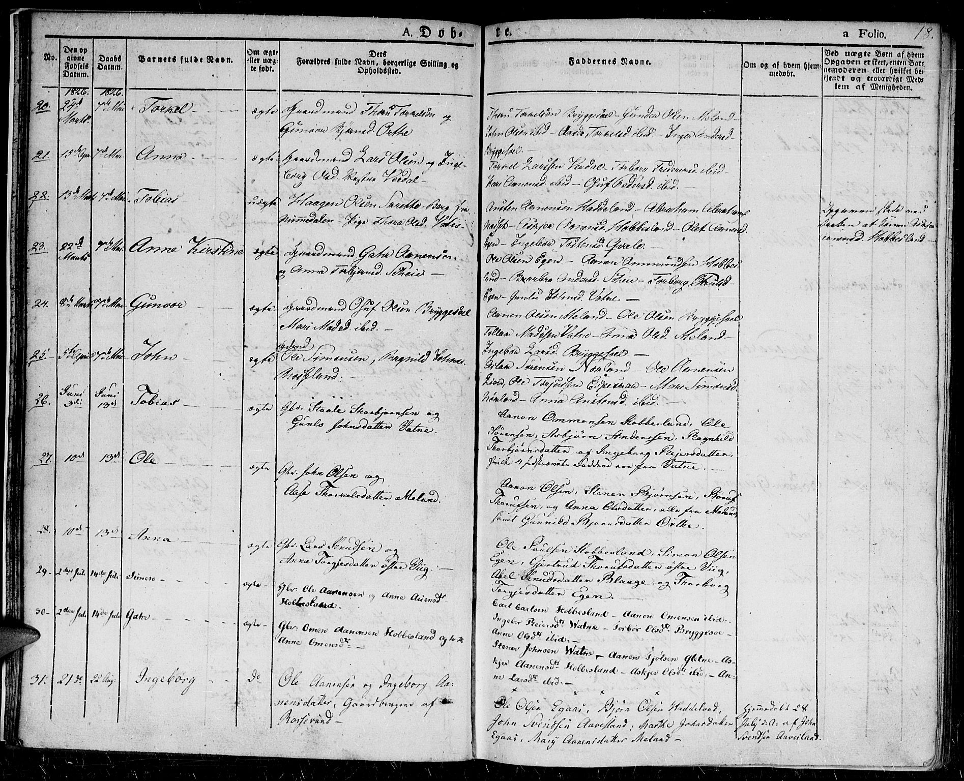 Hægebostad sokneprestkontor, AV/SAK-1111-0024/F/Fa/Fab/L0001: Parish register (official) no. A 1, 1823-1867, p. 18