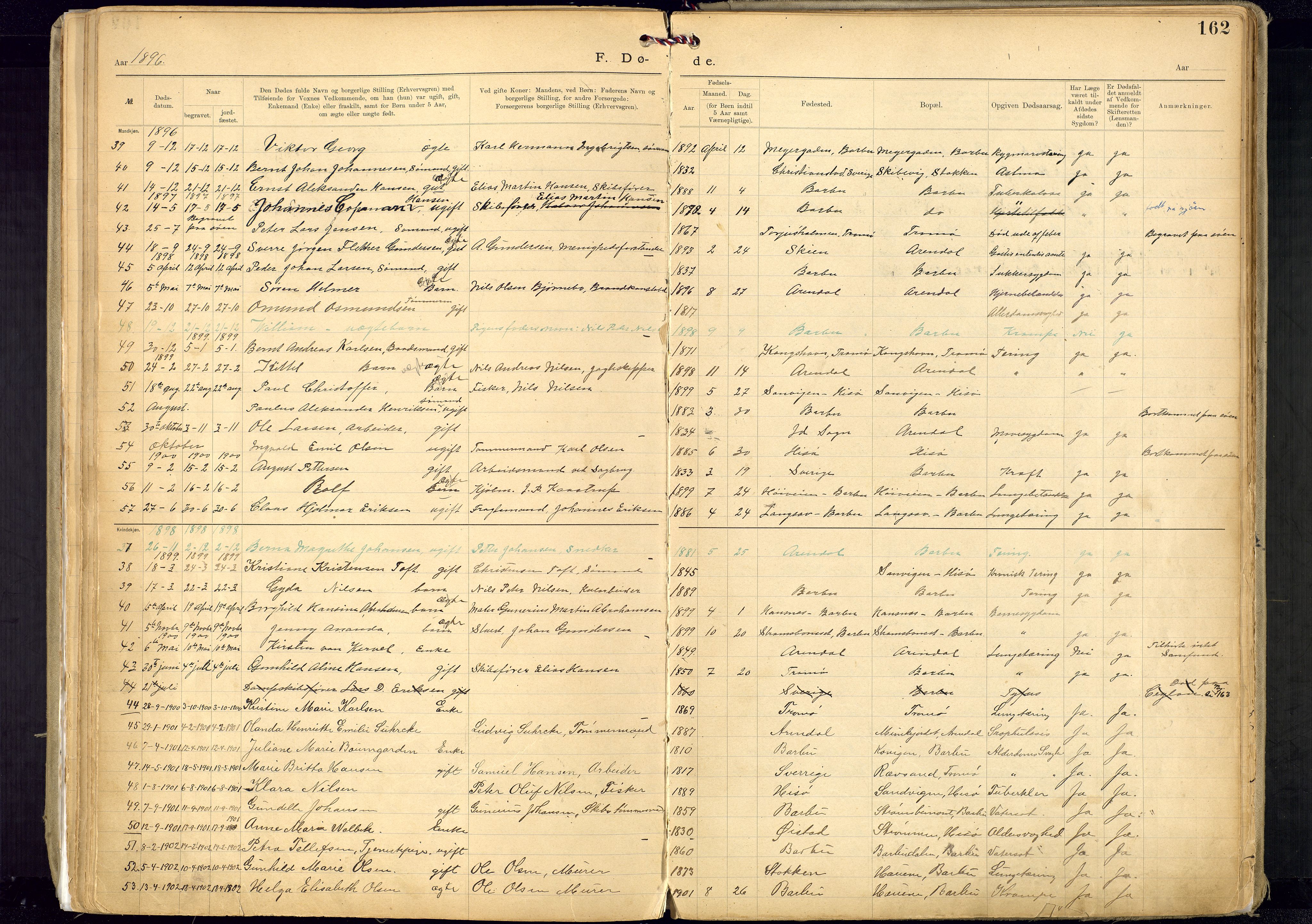 Metodistmenigheten, Arendal, SAK/1292-0011/F/Fa/L0005: Dissenter register no. 5, 1892-1942, p. 162