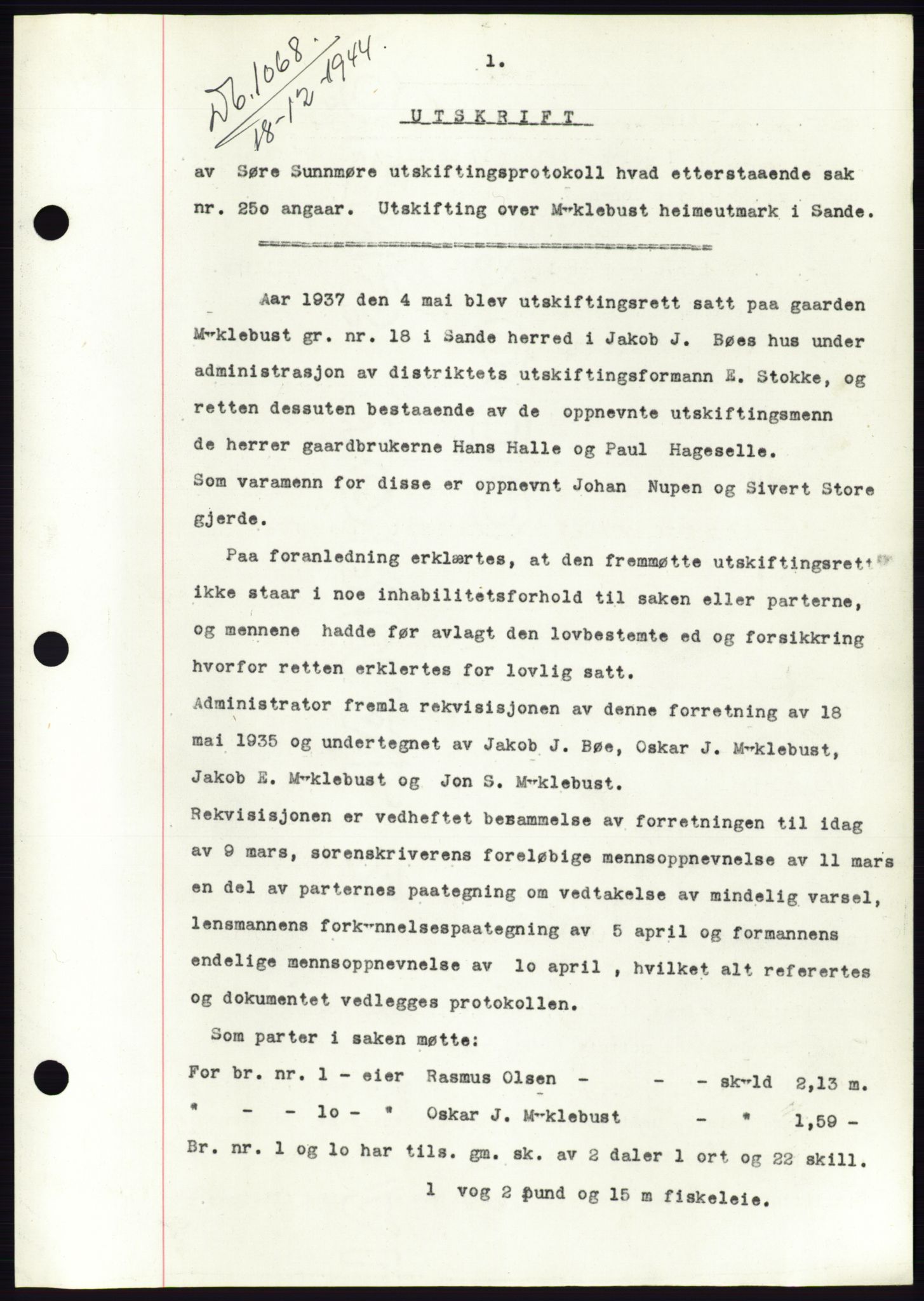 Søre Sunnmøre sorenskriveri, AV/SAT-A-4122/1/2/2C/L0076: Mortgage book no. 2A, 1943-1944, Diary no: : 1068/1944