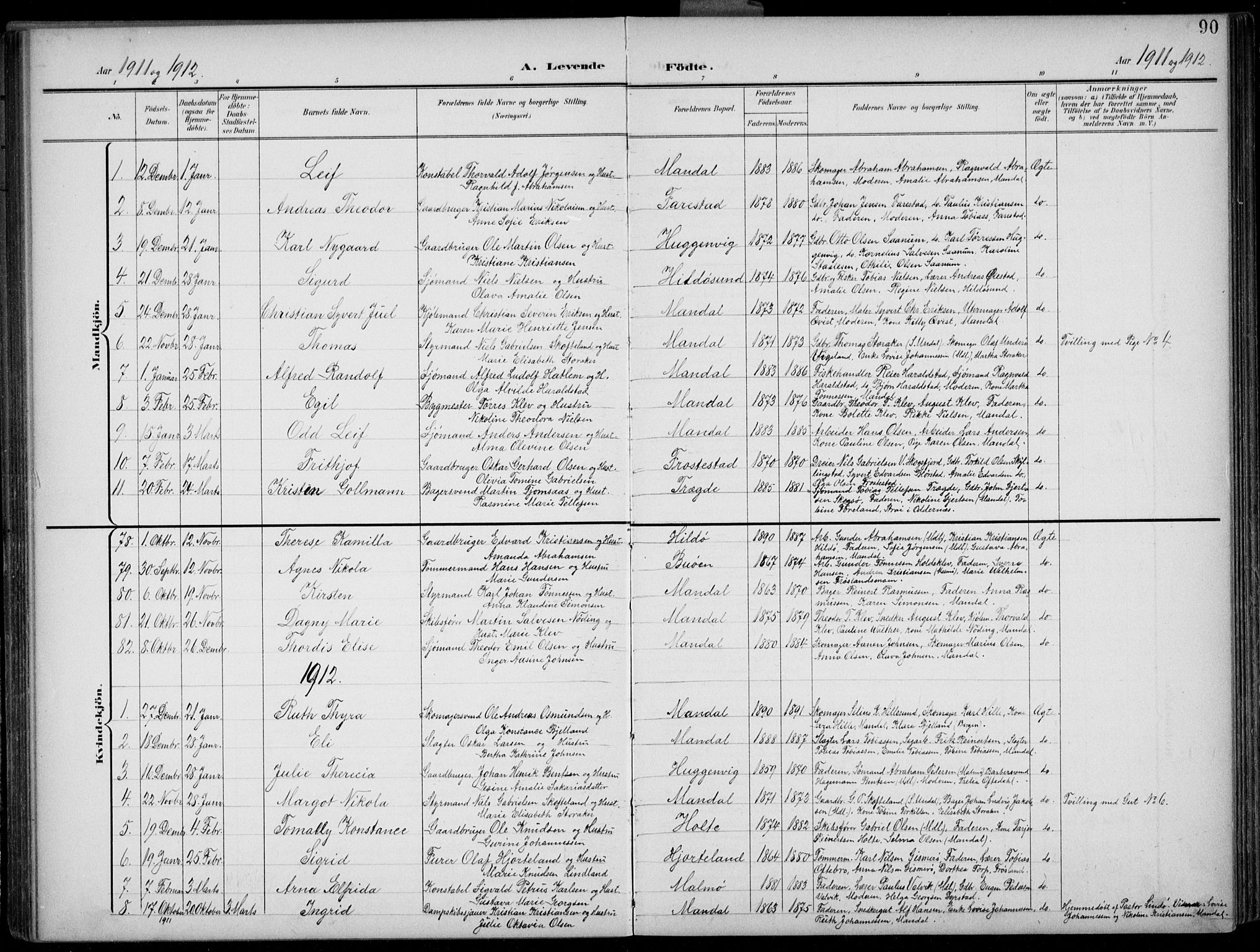 Mandal sokneprestkontor, SAK/1111-0030/F/Fb/Fba/L0012: Parish register (copy) no. B 6, 1899-1918, p. 90