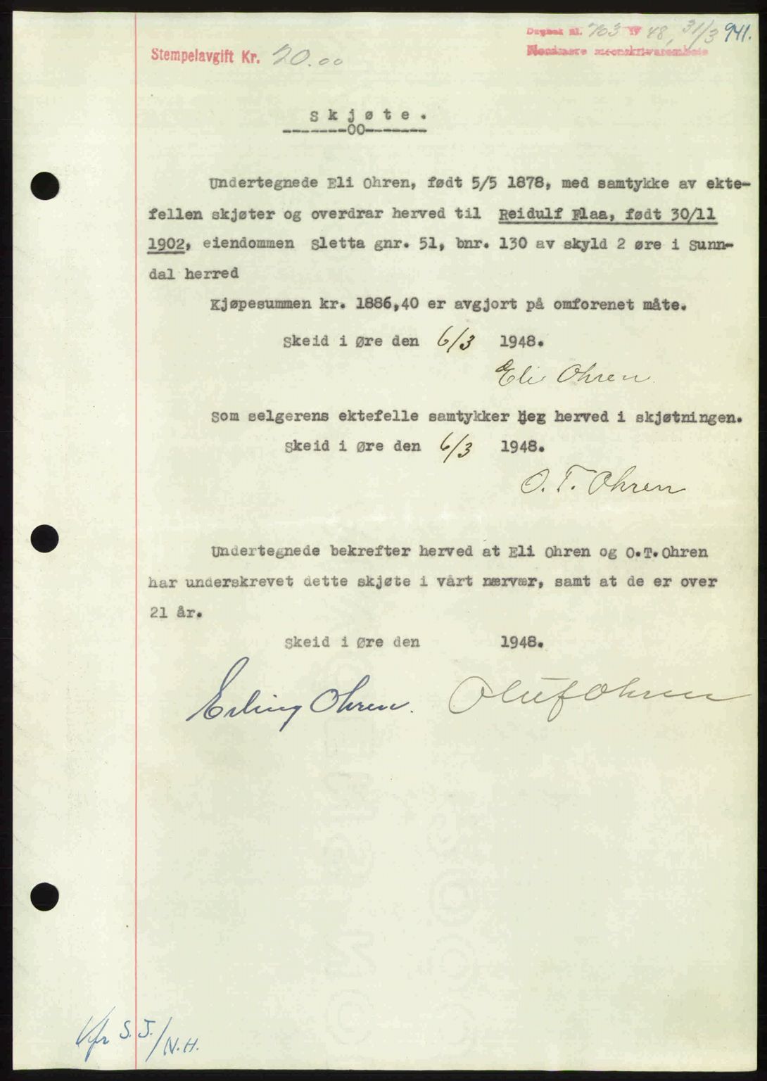 Nordmøre sorenskriveri, AV/SAT-A-4132/1/2/2Ca: Mortgage book no. A107, 1947-1948, Diary no: : 703/1948