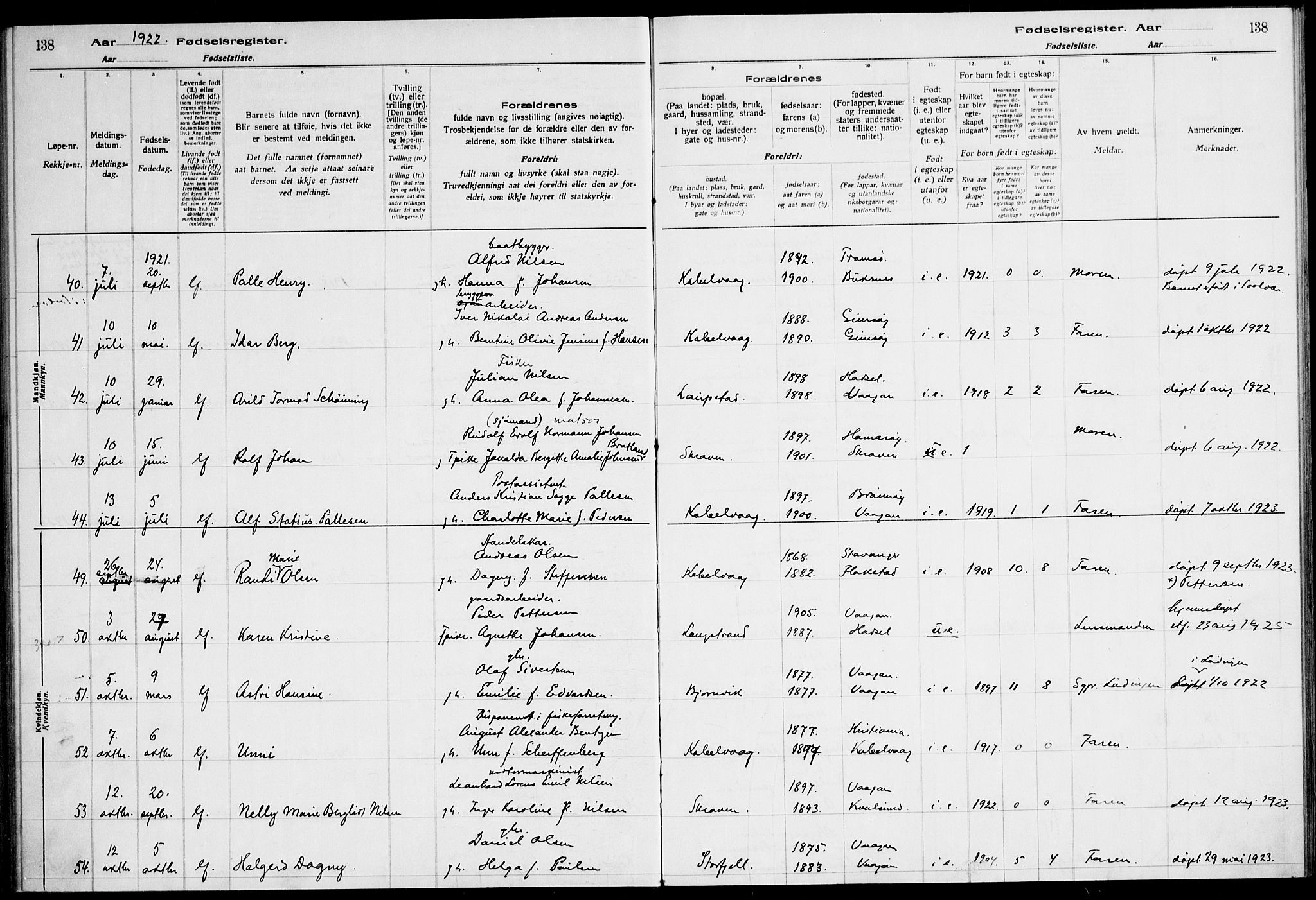 Ministerialprotokoller, klokkerbøker og fødselsregistre - Nordland, SAT/A-1459/874/L1089: Birth register no. 874.II.4.1, 1916-1926, p. 138