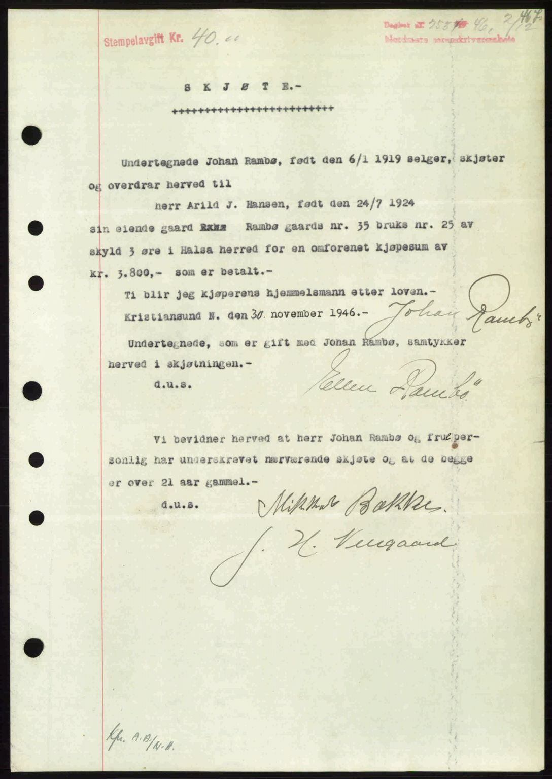 Nordmøre sorenskriveri, AV/SAT-A-4132/1/2/2Ca: Mortgage book no. A103, 1946-1947, Diary no: : 2531/1946