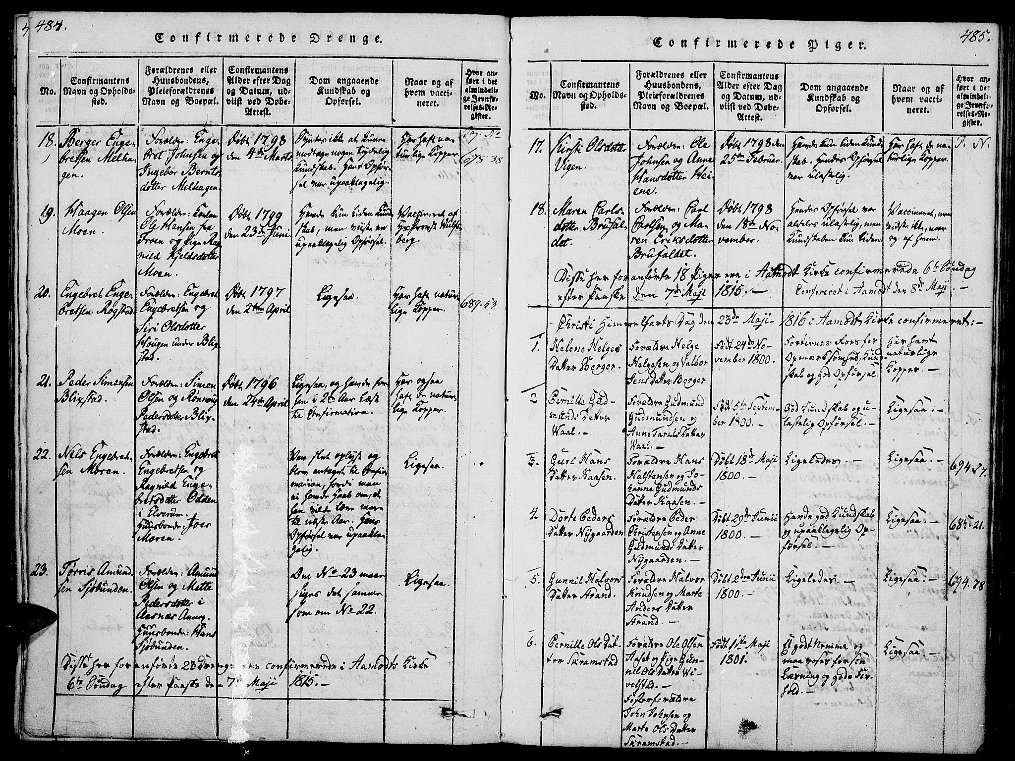 Åmot prestekontor, Hedmark, SAH/PREST-056/H/Ha/Haa/L0005: Parish register (official) no. 5, 1815-1841, p. 484-485
