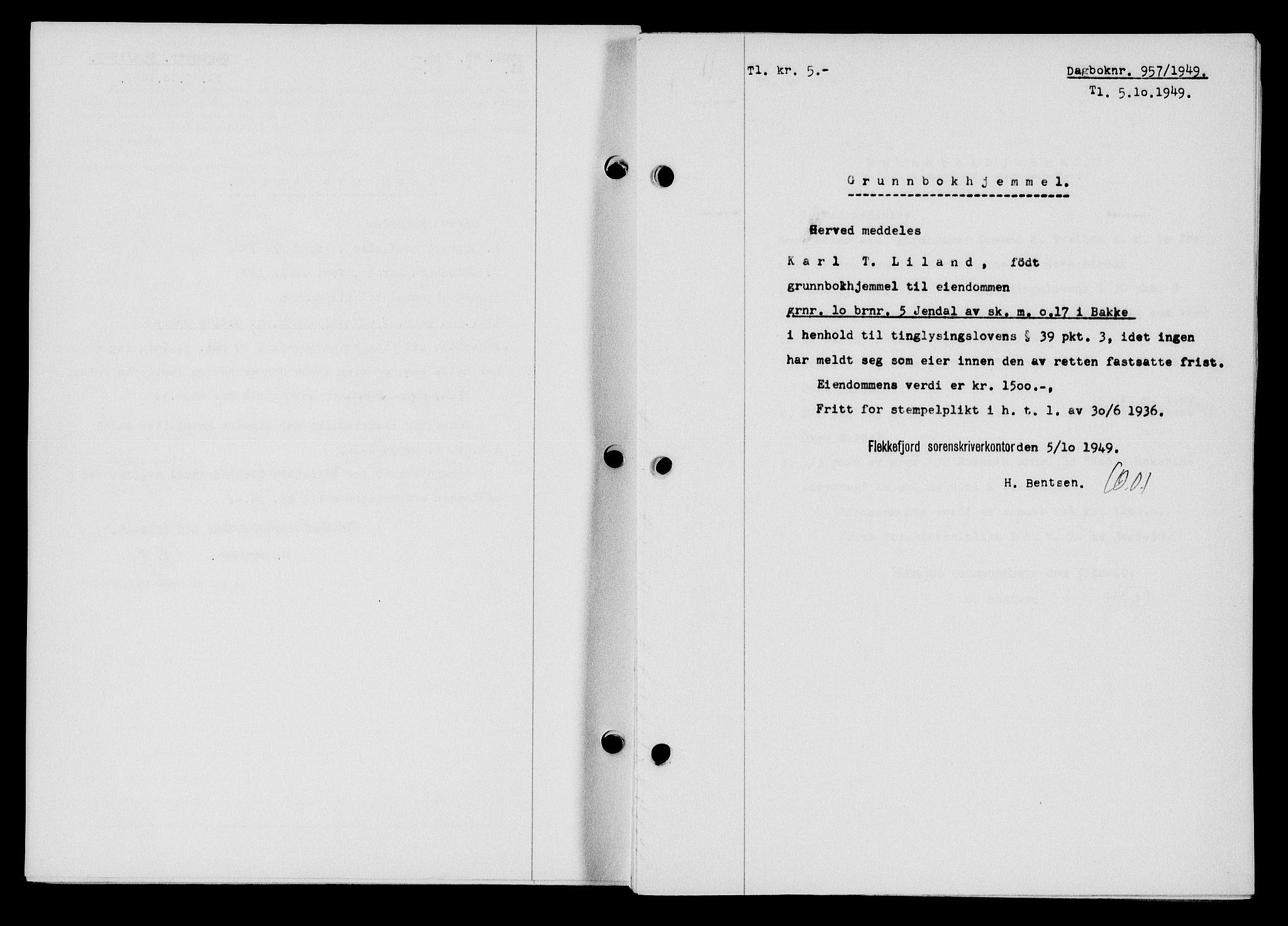 Flekkefjord sorenskriveri, SAK/1221-0001/G/Gb/Gba/L0065: Mortgage book no. A-13, 1949-1949, Diary no: : 957/1949