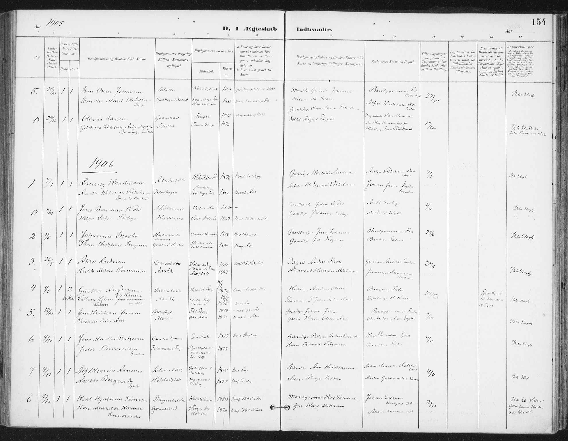 Ås prestekontor Kirkebøker, SAO/A-10894/F/Fa/L0010: Parish register (official) no. I 10, 1900-1918, p. 154