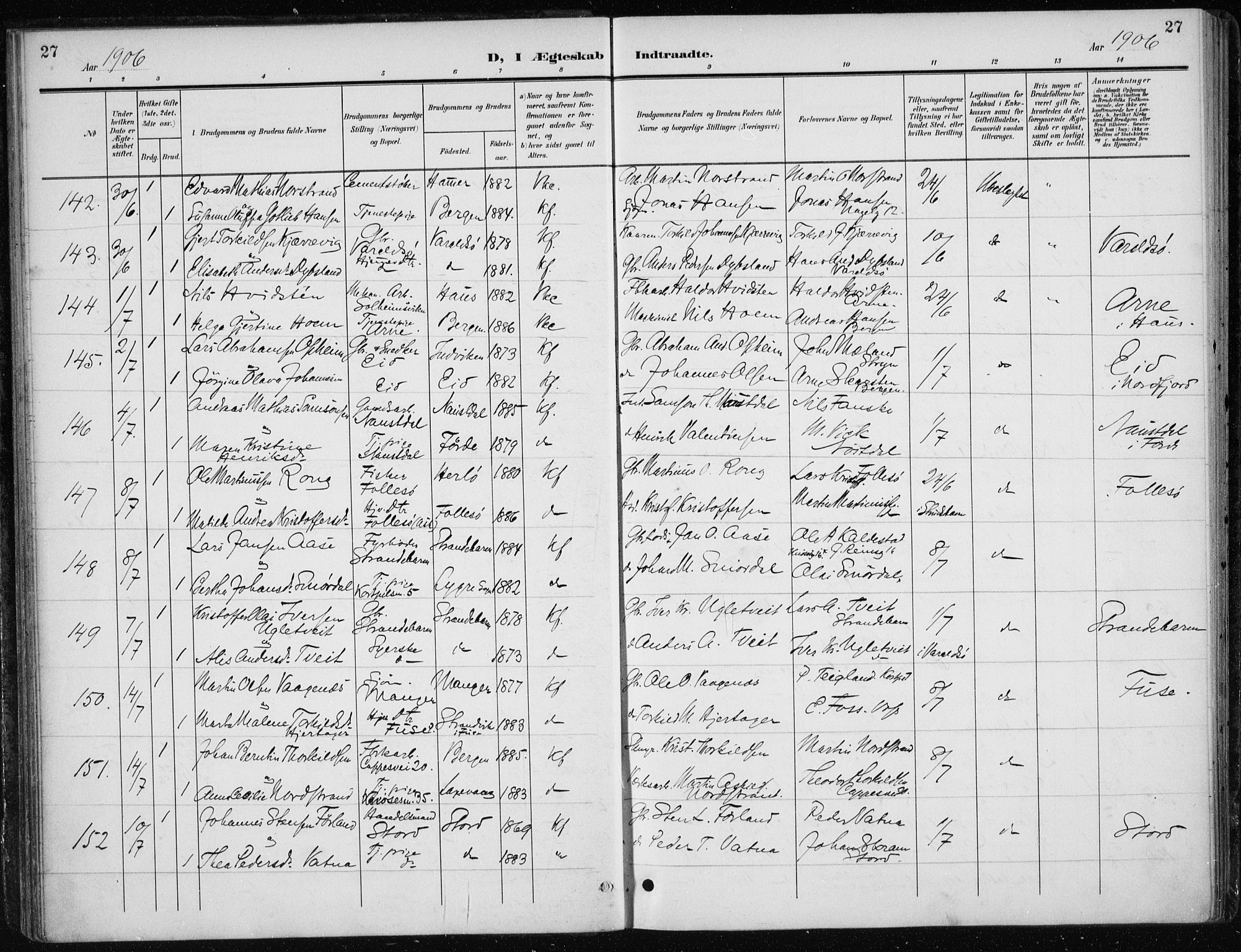 Nykirken Sokneprestembete, AV/SAB-A-77101/H/Haa/L0035: Parish register (official) no. D 5, 1905-1913, p. 27