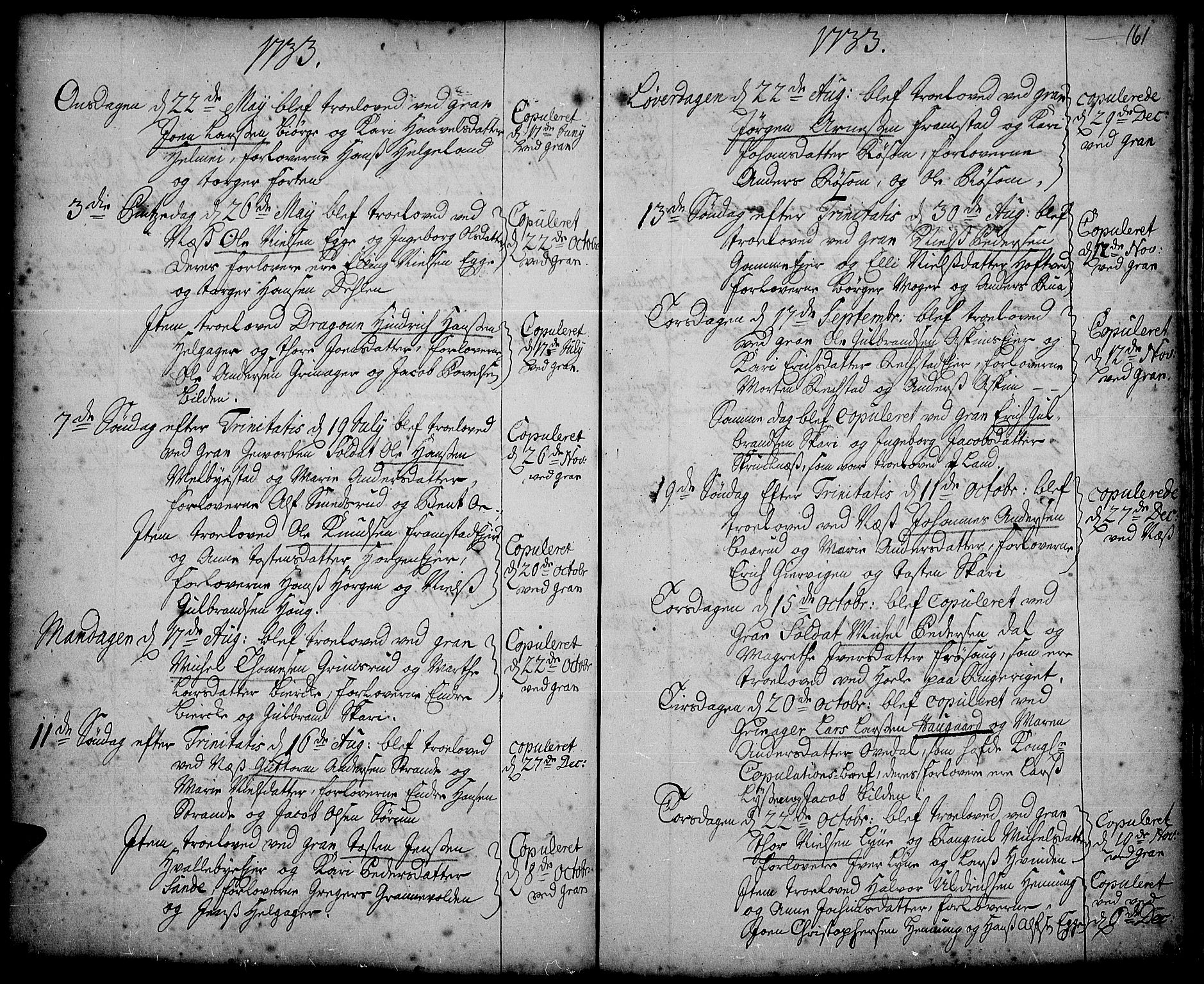 Gran prestekontor, SAH/PREST-112/H/Ha/Haa/L0002: Parish register (official) no. 2, 1732-1744, p. 161