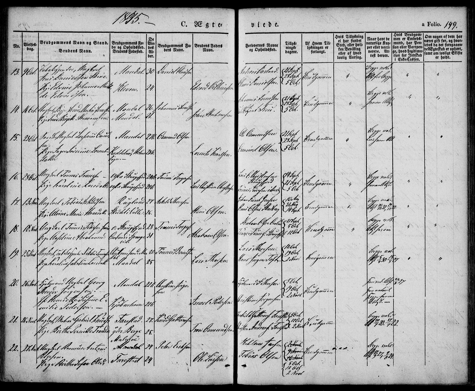 Mandal sokneprestkontor, AV/SAK-1111-0030/F/Fa/Faa/L0012: Parish register (official) no. A 12, 1840-1847, p. 199