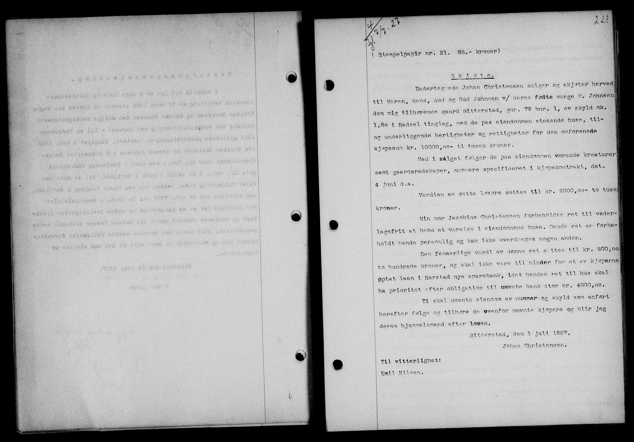 Vesterålen sorenskriveri, SAT/A-4180/1/2/2Ca/L0044: Mortgage book no. 37, 1927-1927, Deed date: 07.07.1927