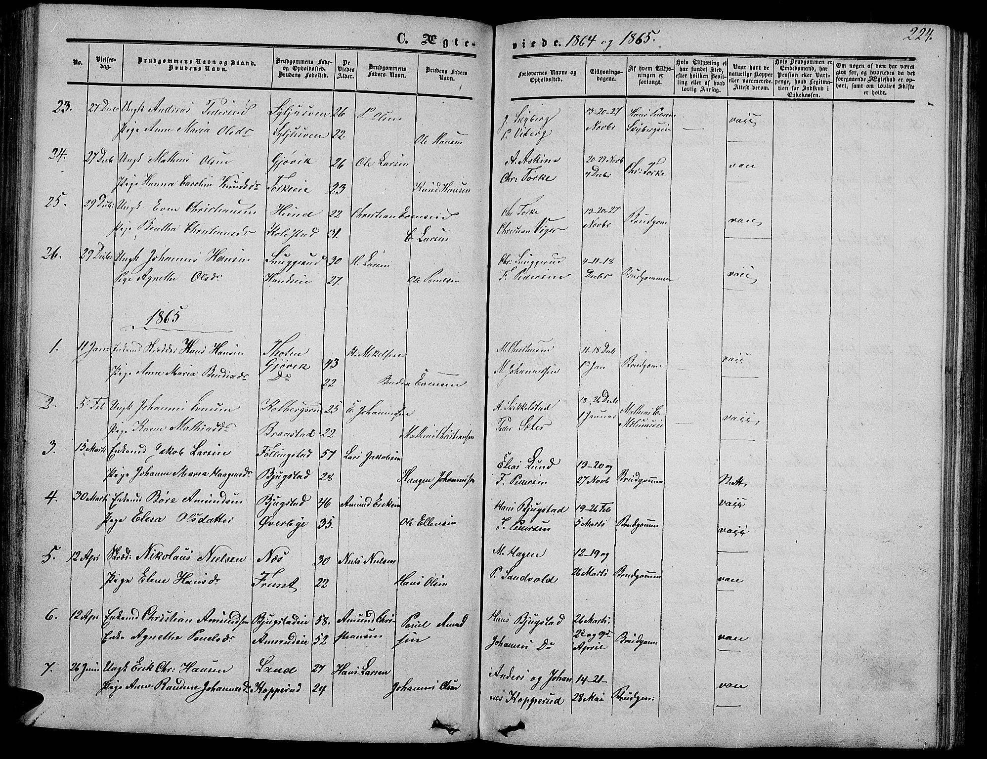 Vardal prestekontor, SAH/PREST-100/H/Ha/Hab/L0005: Parish register (copy) no. 5, 1854-1868, p. 224