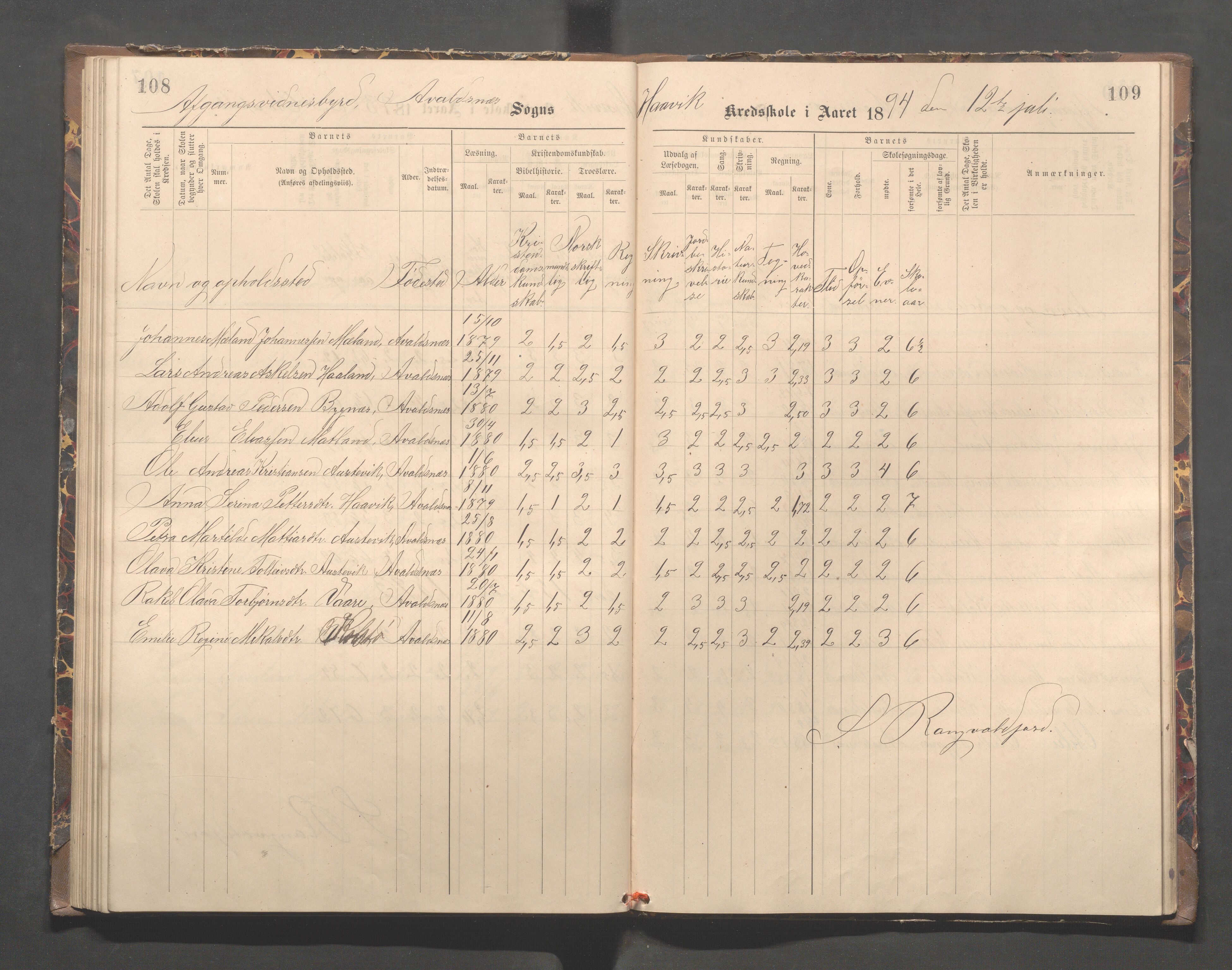 Avaldsnes kommune - Kolstø og Vorre skole, IKAR/K-101688/H/L0002: Skoleprotokoll, 1888-1900, p. 108-109