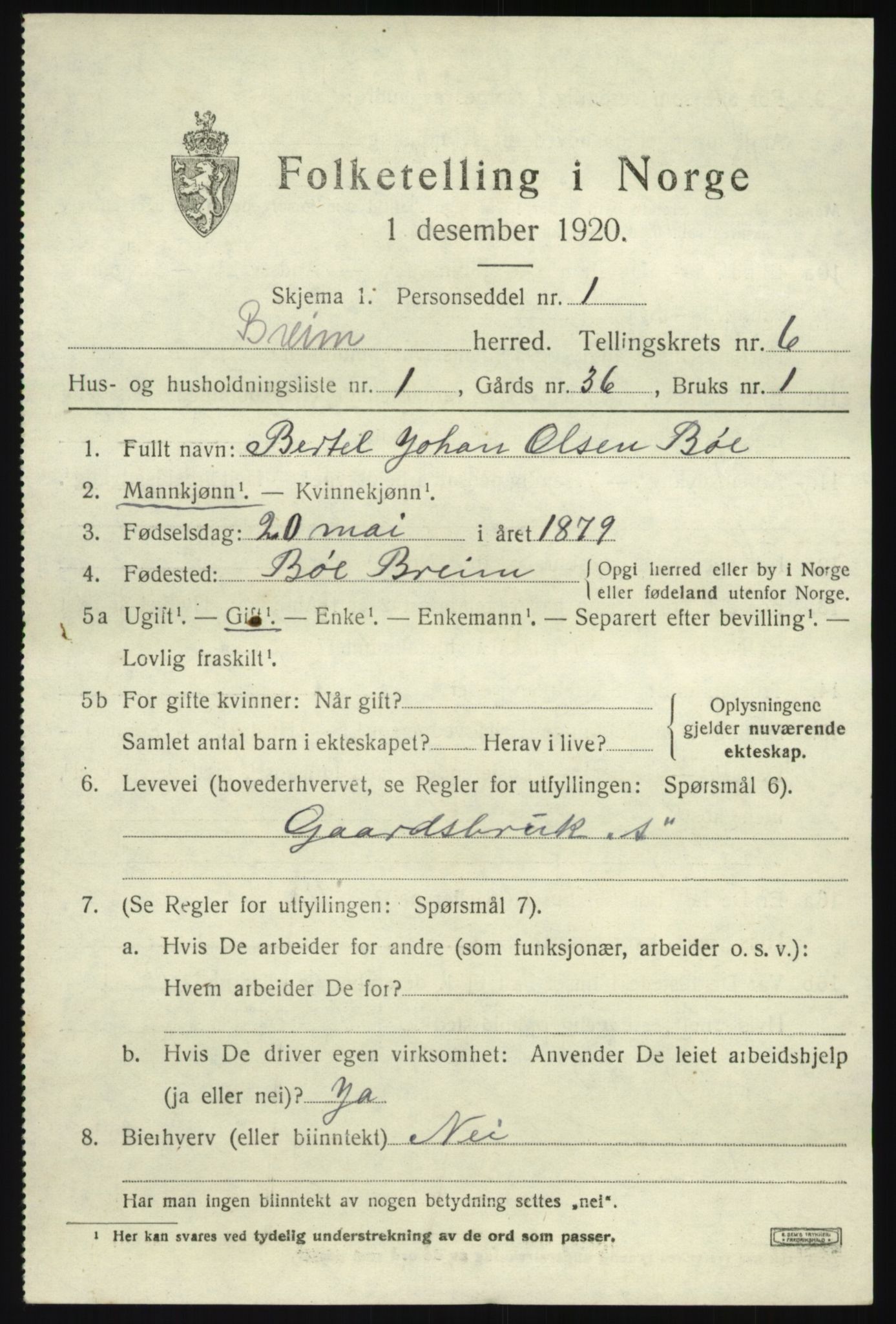 SAB, 1920 census for Breim, 1920, p. 3495