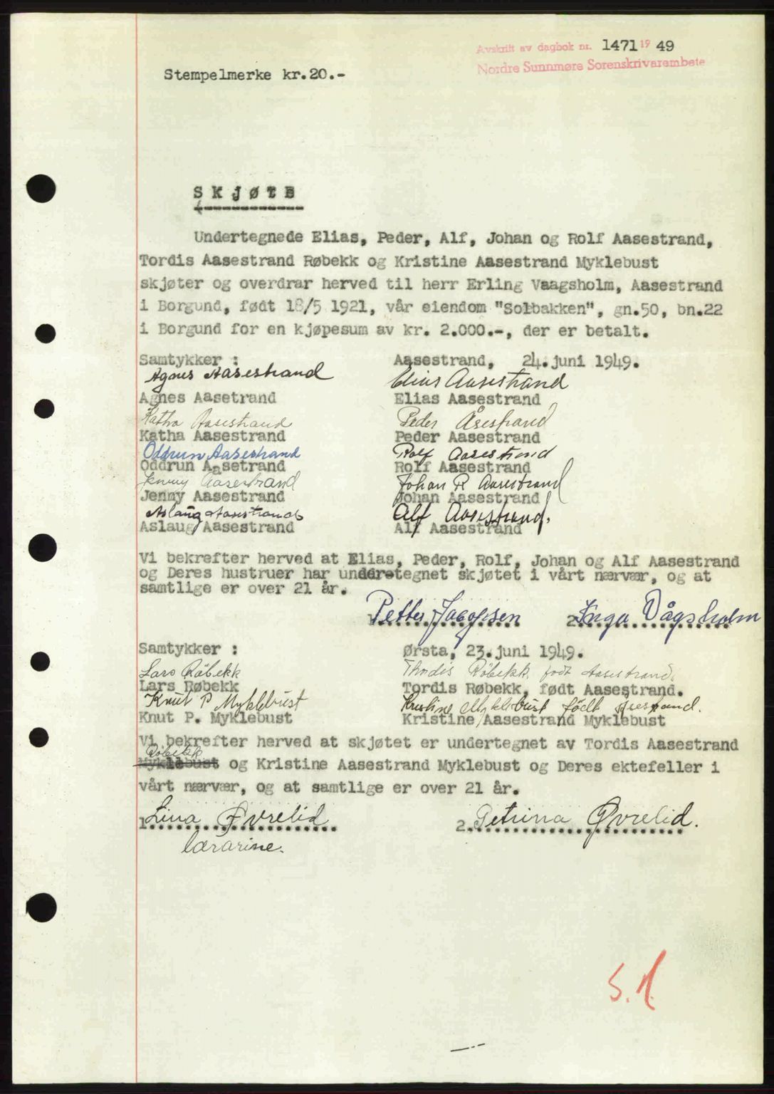 Nordre Sunnmøre sorenskriveri, AV/SAT-A-0006/1/2/2C/2Ca: Mortgage book no. A31, 1949-1949, Diary no: : 1471/1949