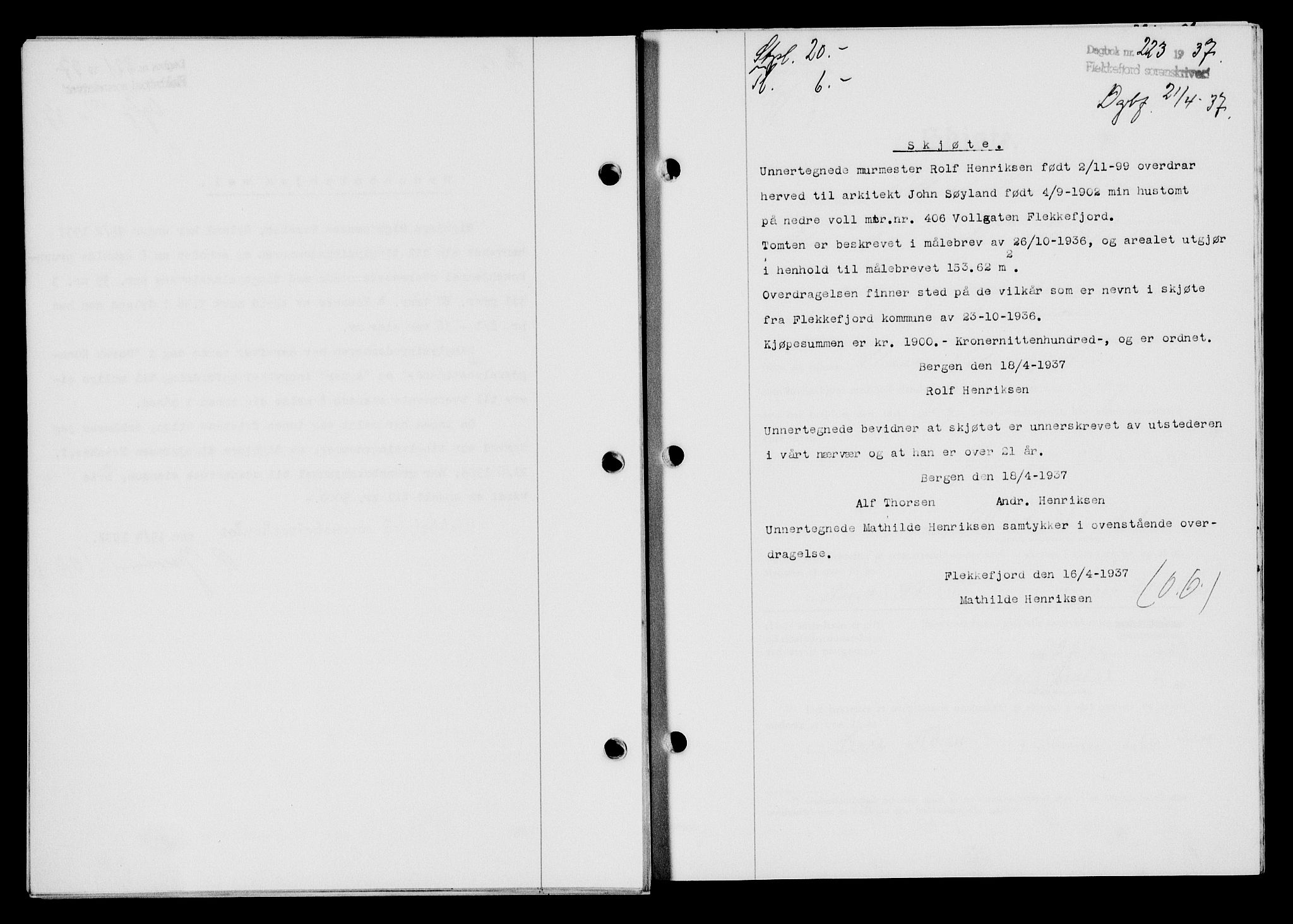 Flekkefjord sorenskriveri, SAK/1221-0001/G/Gb/Gba/L0053: Mortgage book no. A-1, 1936-1937, Diary no: : 223/1937