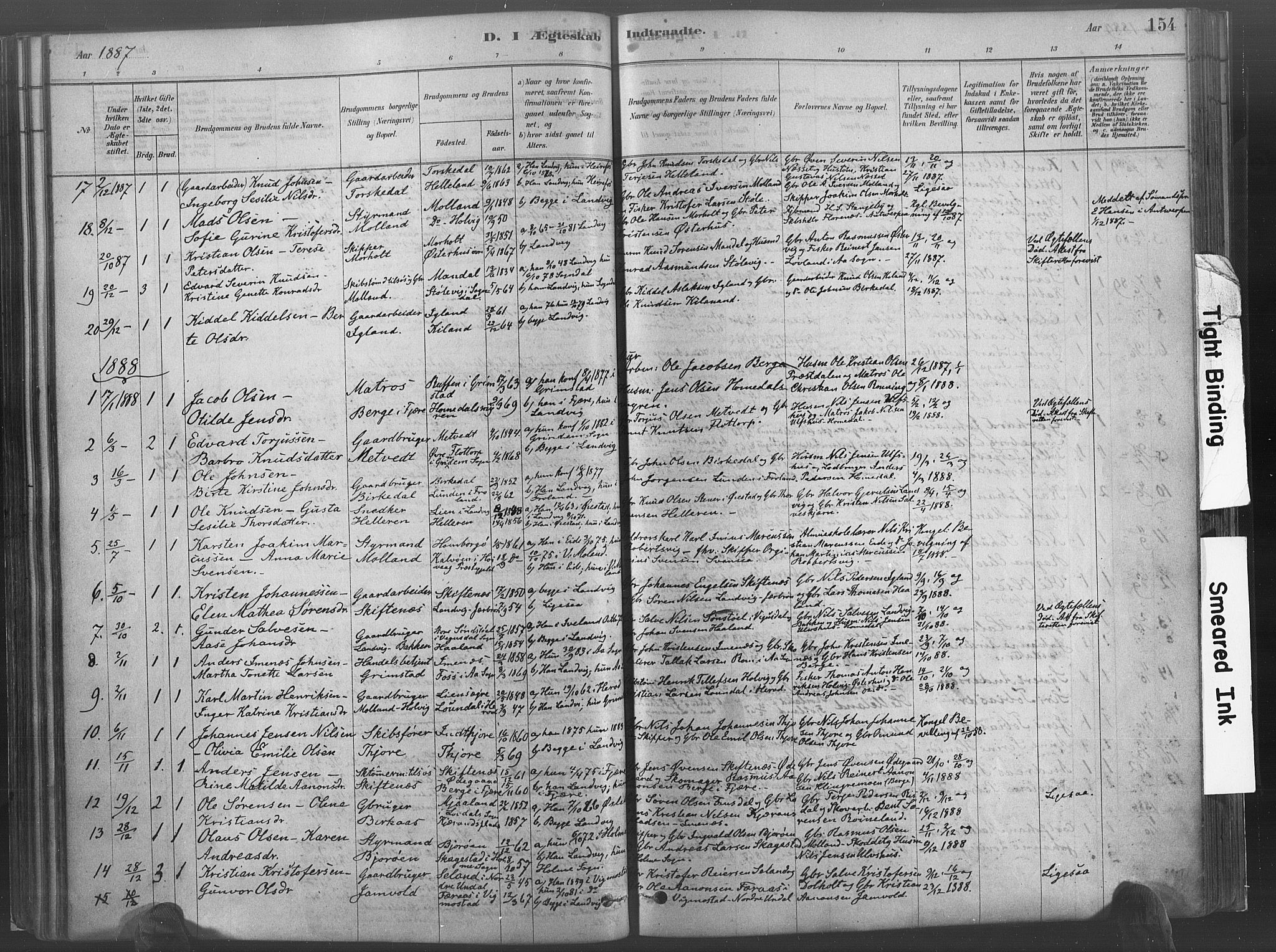 Hommedal sokneprestkontor, SAK/1111-0023/F/Fa/Fab/L0006: Parish register (official) no. A 6, 1878-1897, p. 154