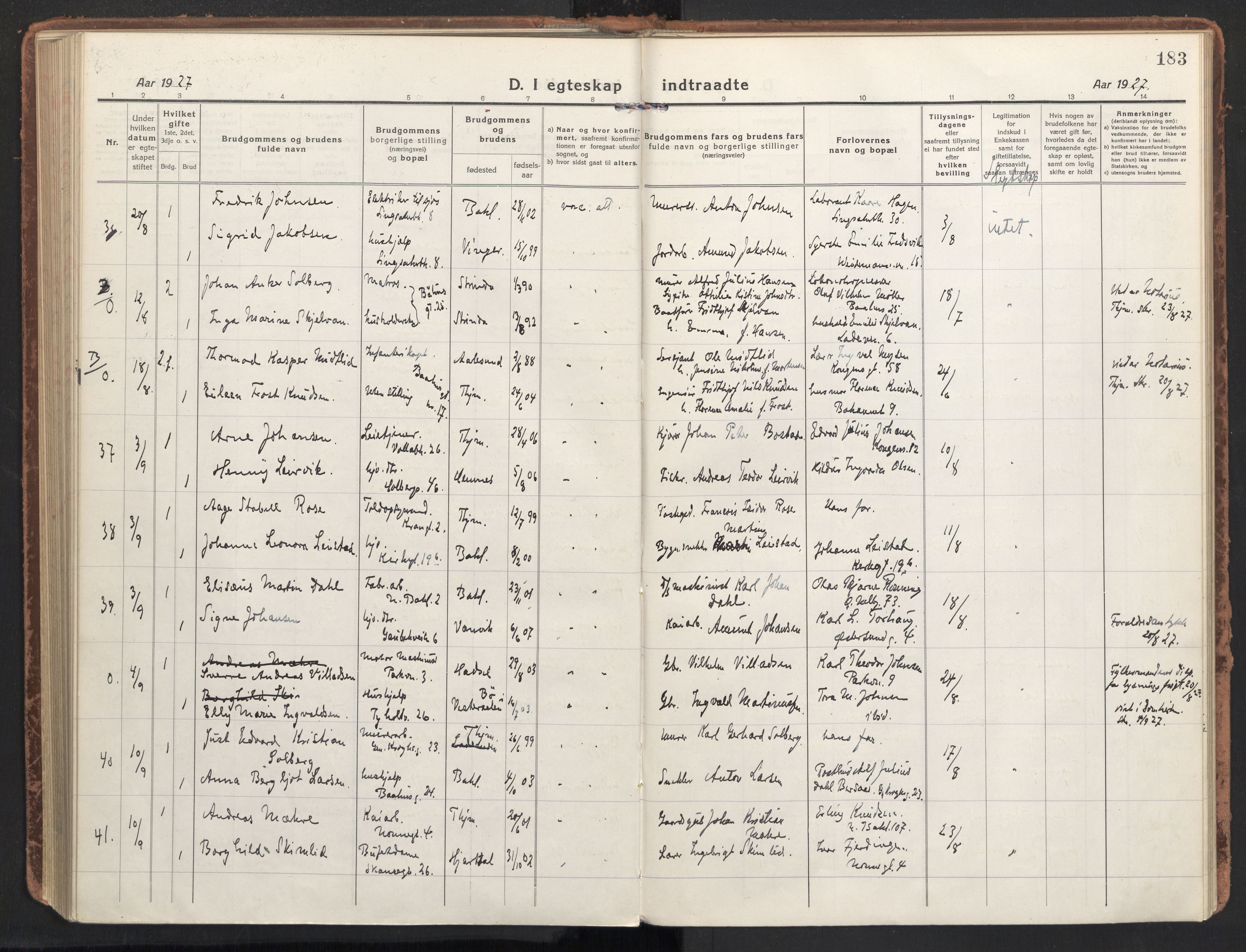 Ministerialprotokoller, klokkerbøker og fødselsregistre - Sør-Trøndelag, AV/SAT-A-1456/604/L0206: Parish register (official) no. 604A26, 1917-1931, p. 183