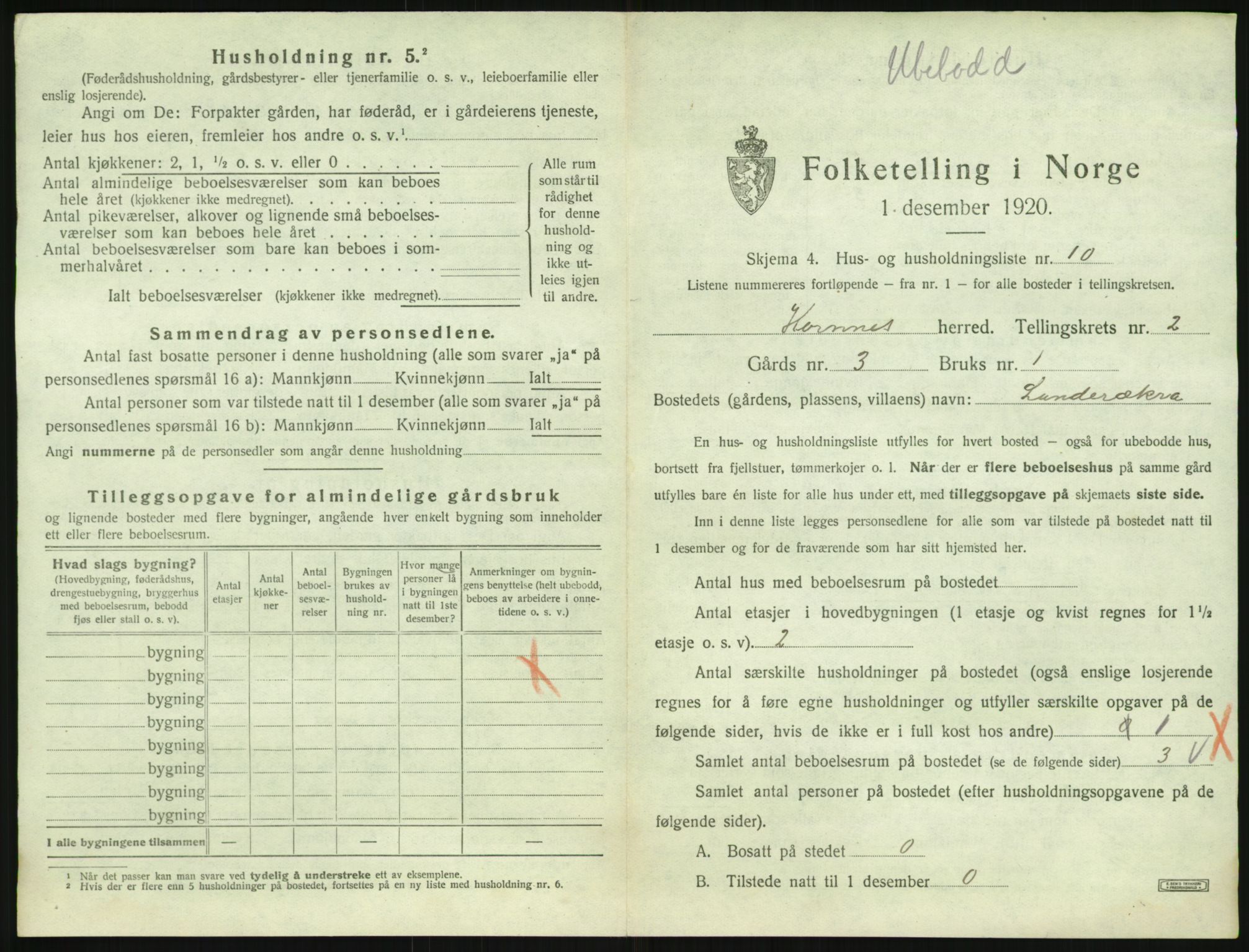 SAK, 1920 census for Hornnes, 1920, p. 109