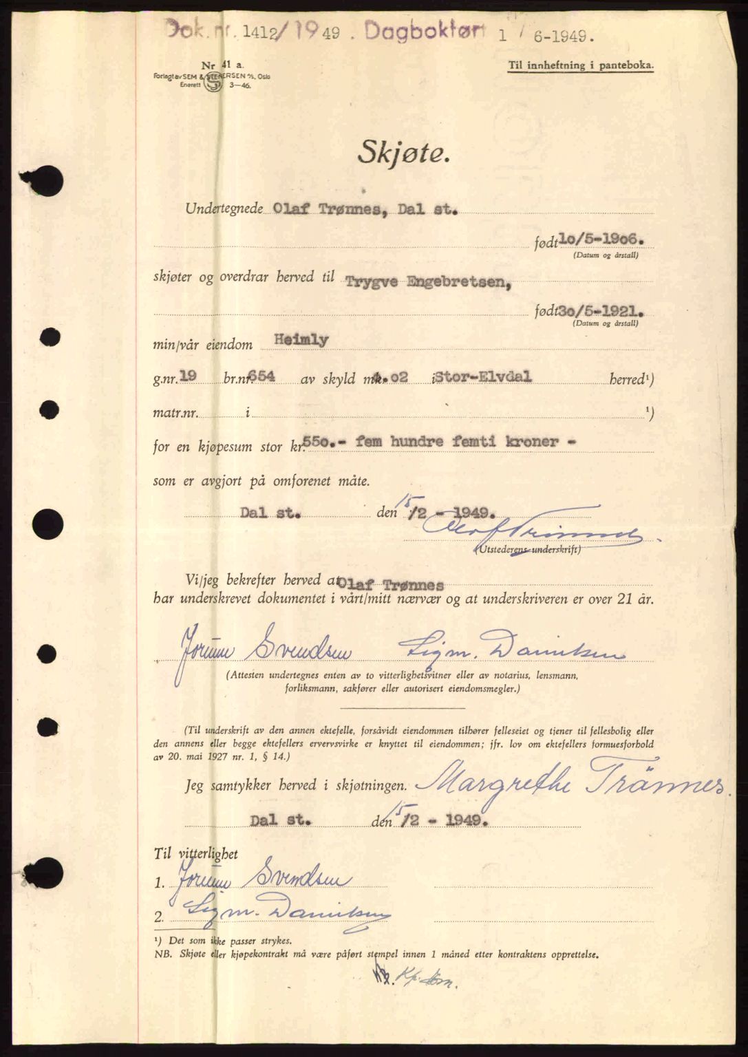 Sør-Østerdal sorenskriveri, AV/SAH-TING-018/H/Hb/Hbb/L0081: Mortgage book no. A81, 1949-1949, Diary no: : 1412/1949