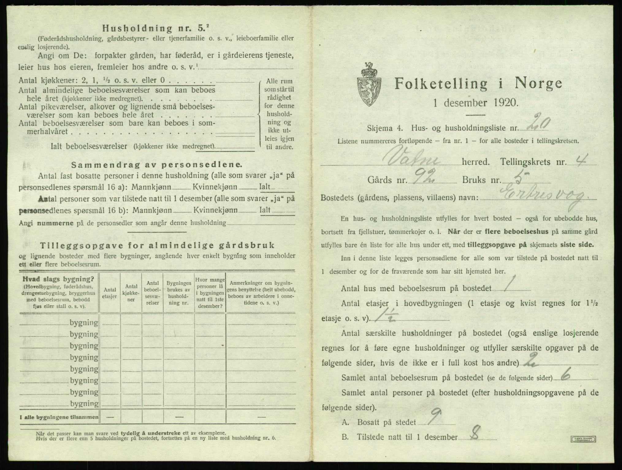 SAT, 1920 census for Vatne, 1920, p. 282