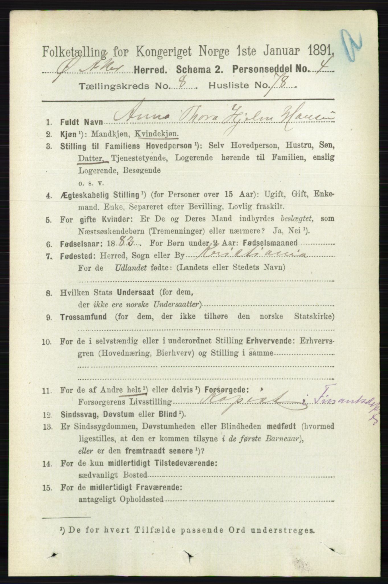 RA, 1891 census for 0218 Aker, 1891, p. 7898