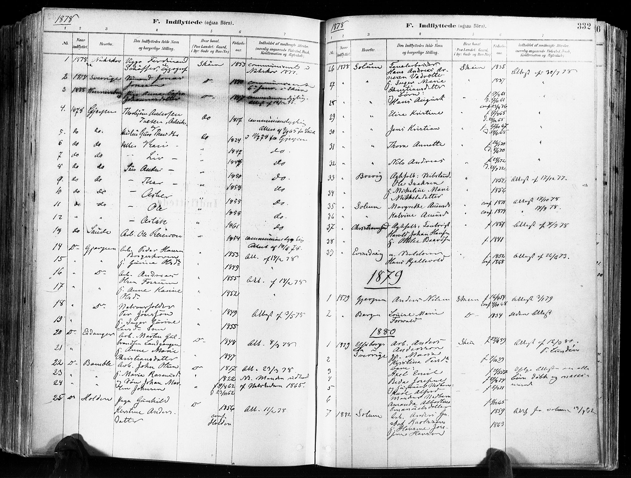 Skien kirkebøker, AV/SAKO-A-302/F/Fa/L0009: Parish register (official) no. 9, 1878-1890, p. 332