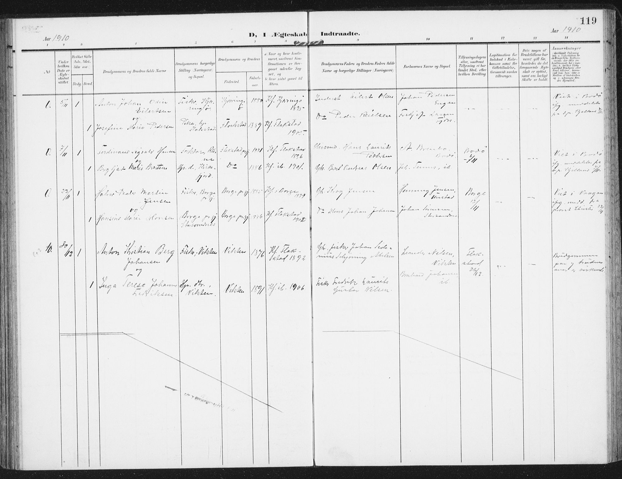 Ministerialprotokoller, klokkerbøker og fødselsregistre - Nordland, AV/SAT-A-1459/885/L1206: Parish register (official) no. 885A07, 1905-1915, p. 119