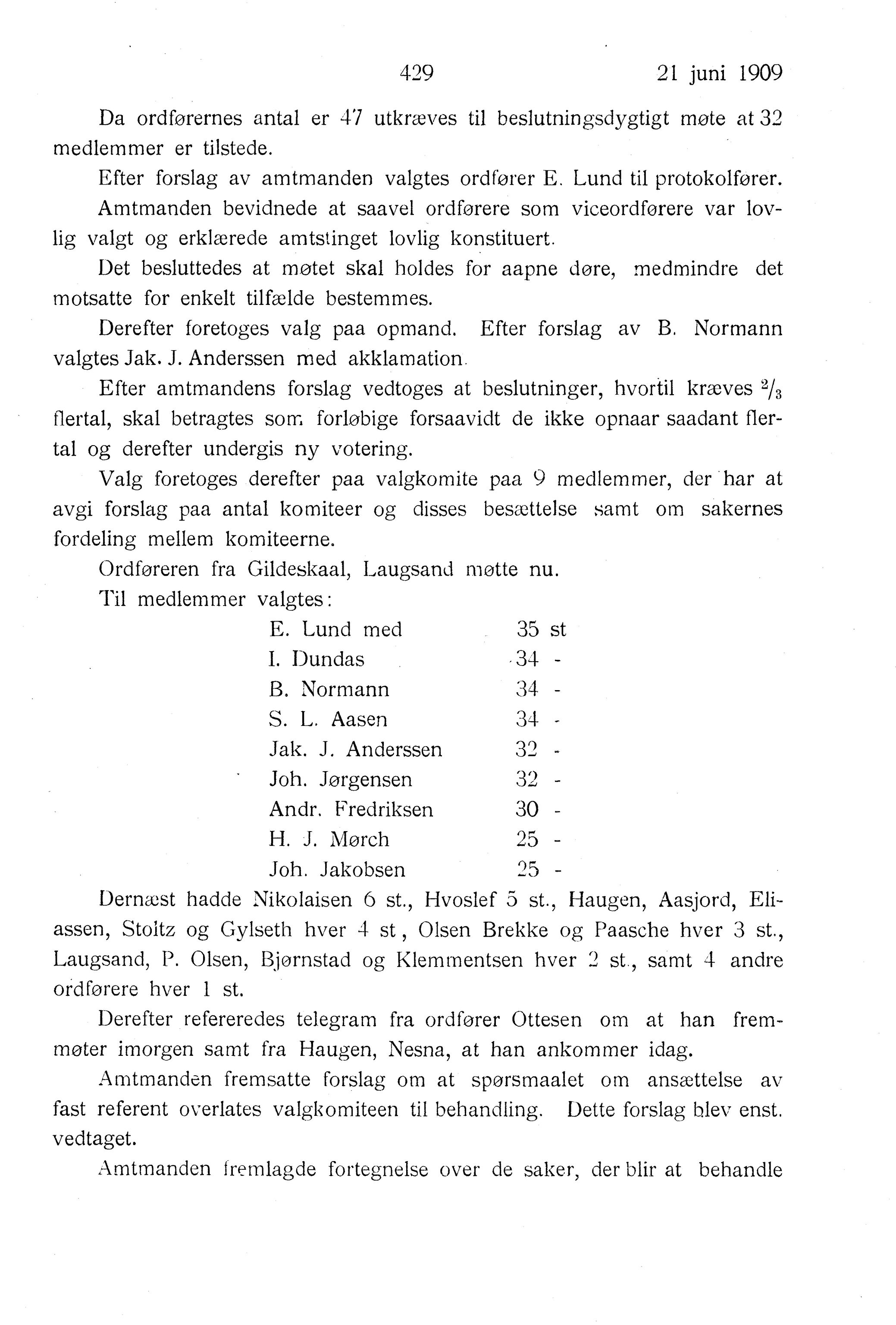 Nordland Fylkeskommune. Fylkestinget, AIN/NFK-17/176/A/Ac/L0032: Fylkestingsforhandlinger 1909, 1909, p. 430