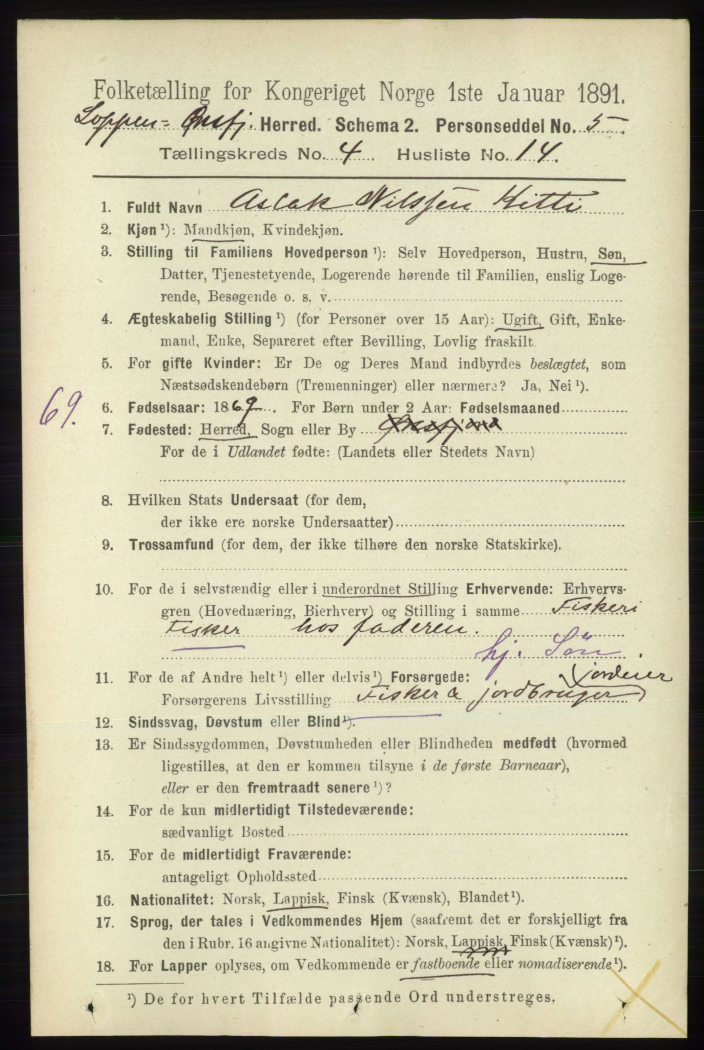 RA, 1891 census for 2014 Loppa, 1891, p. 948