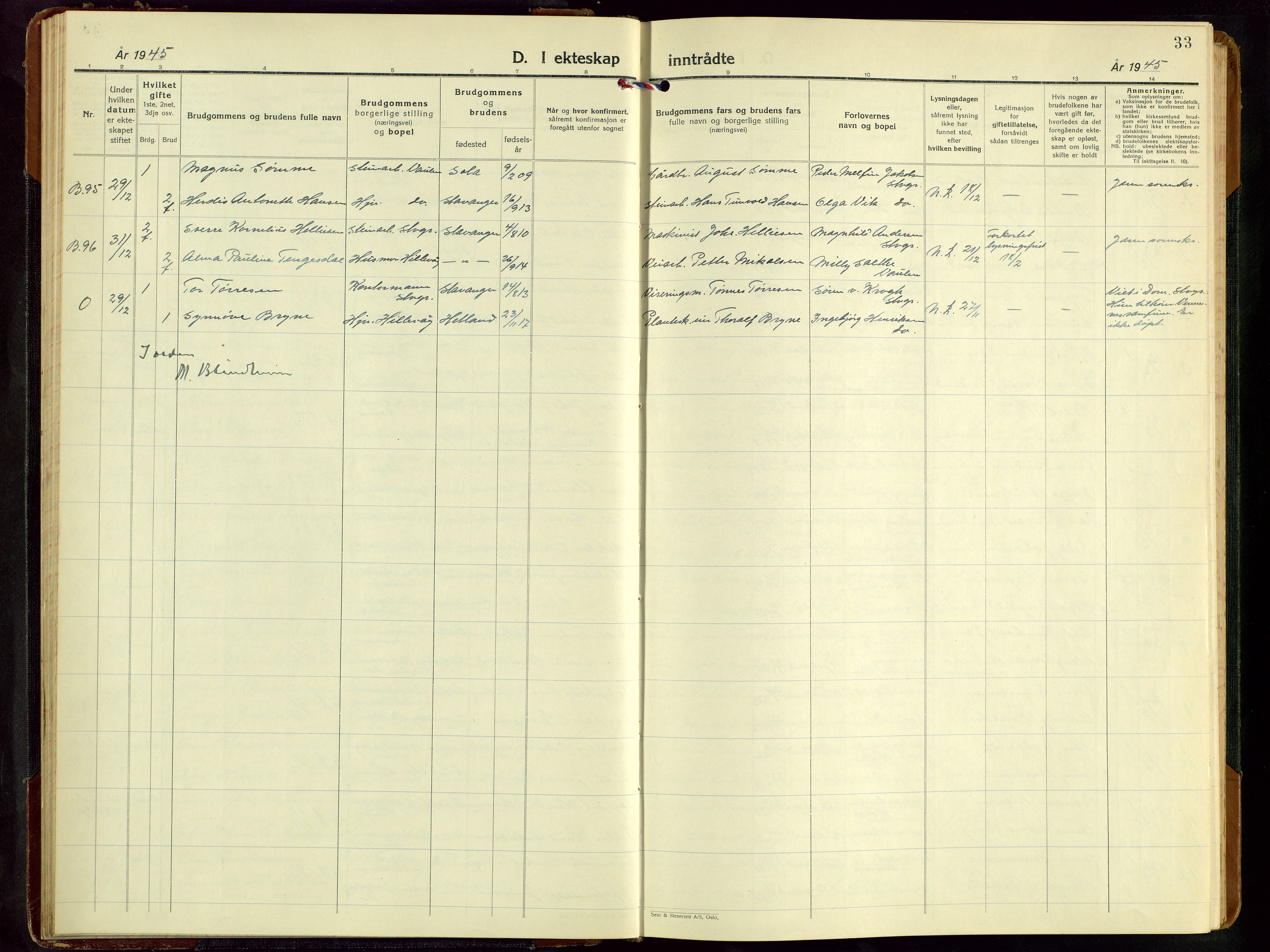 Hetland sokneprestkontor, AV/SAST-A-101826/30/30BB/L0016: Parish register (copy) no. B 16, 1942-1960, p. 33