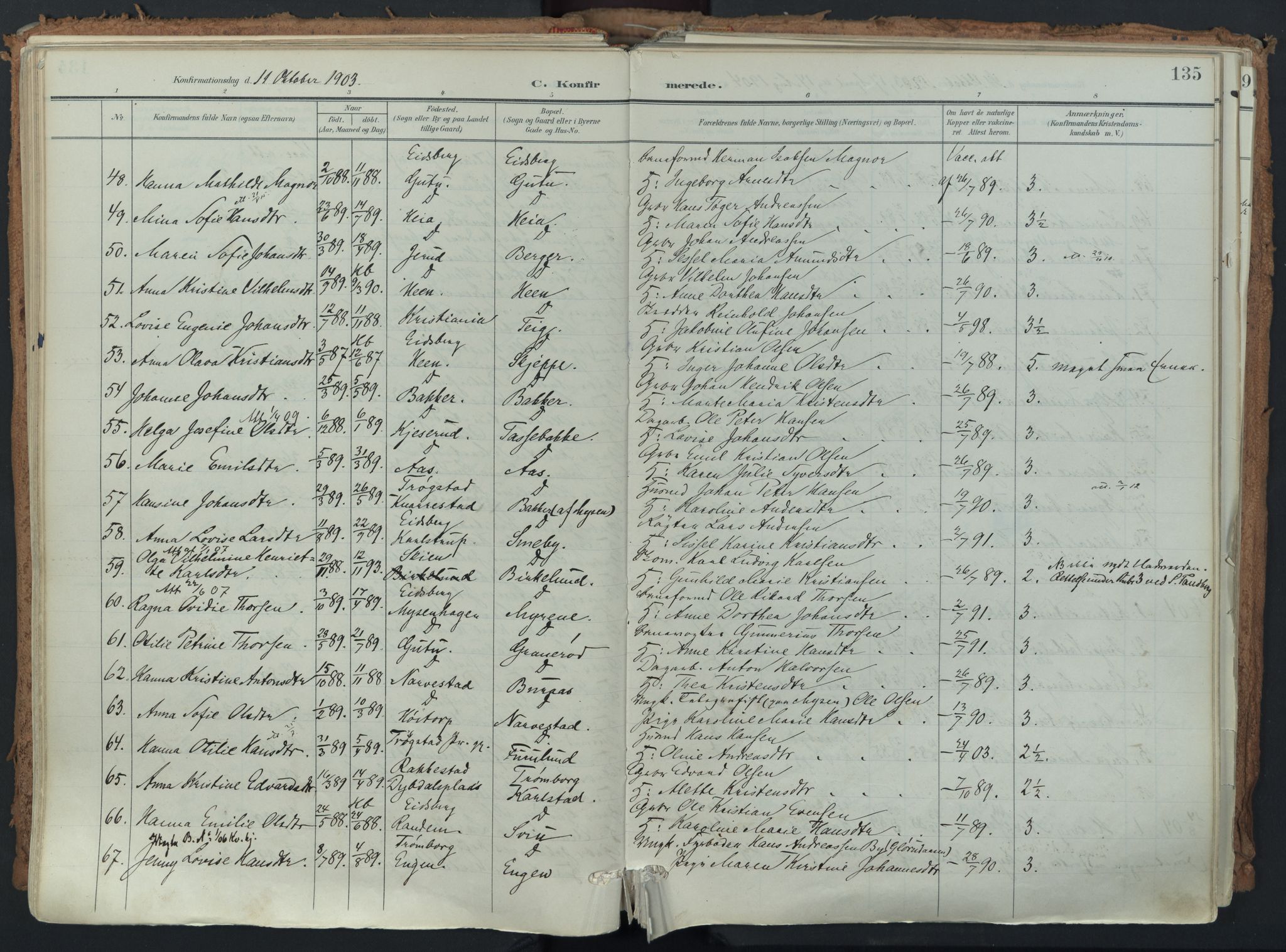 Eidsberg prestekontor Kirkebøker, AV/SAO-A-10905/F/Fa/L0014: Parish register (official) no. I 14, 1902-1919, p. 135