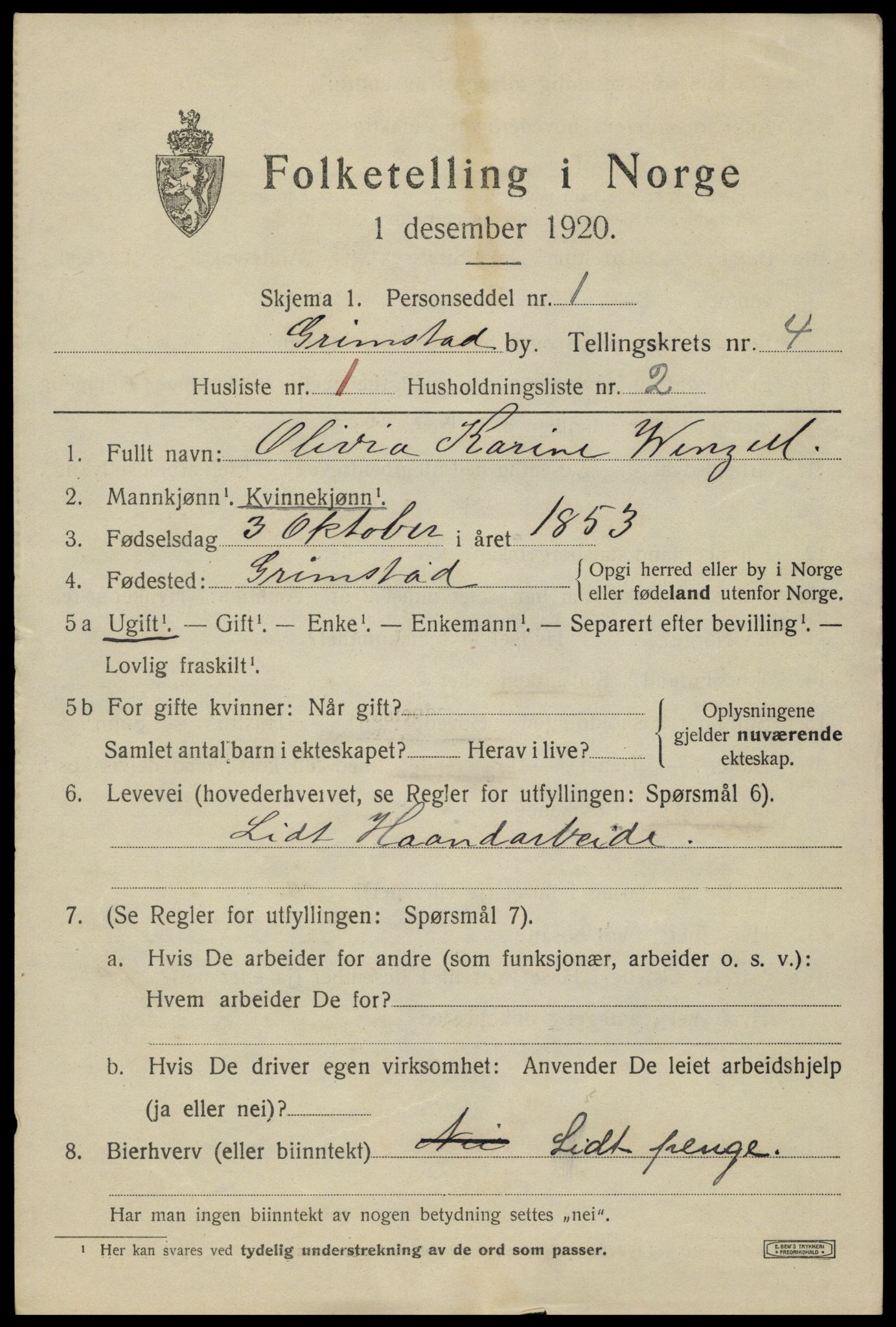 SAK, 1920 census for Grimstad, 1920, p. 5441