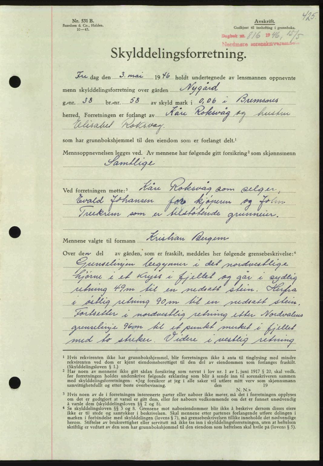 Nordmøre sorenskriveri, AV/SAT-A-4132/1/2/2Ca: Mortgage book no. A101, 1946-1946, Diary no: : 816/1946