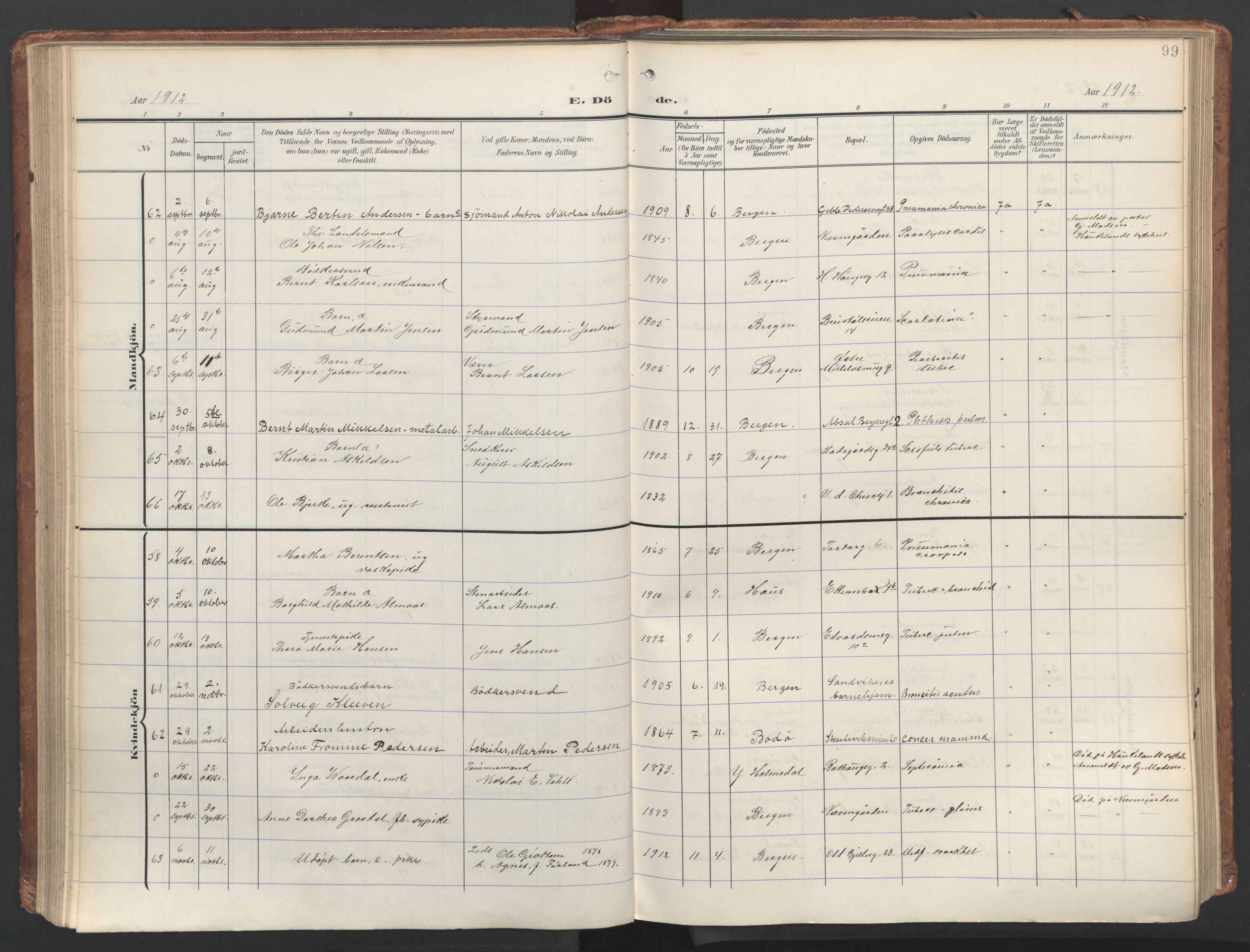 Sandviken Sokneprestembete, AV/SAB-A-77601/H/Ha/L0019: Parish register (official) no. E 2, 1905-1933, p. 99