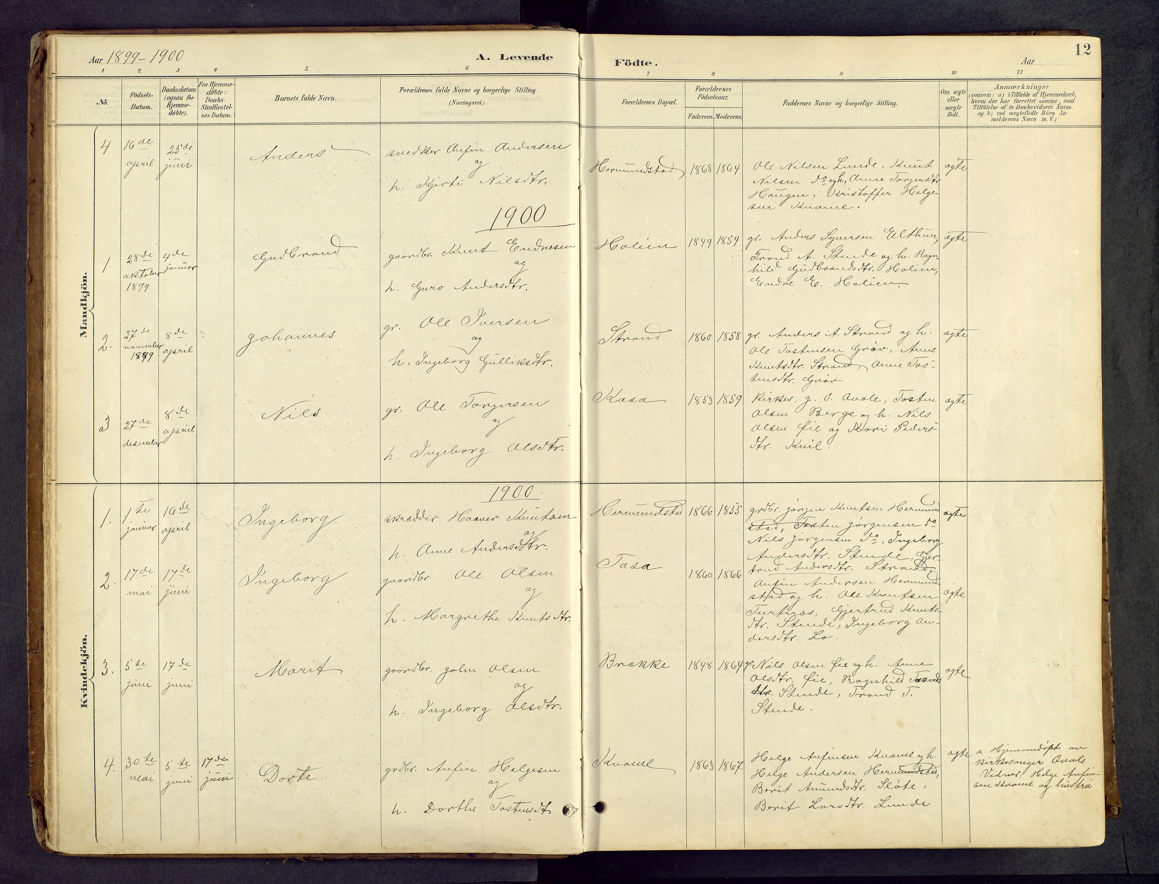 Vang prestekontor, Valdres, SAH/PREST-140/H/Hb/L0005: Parish register (copy) no. 5, 1889-1945, p. 12