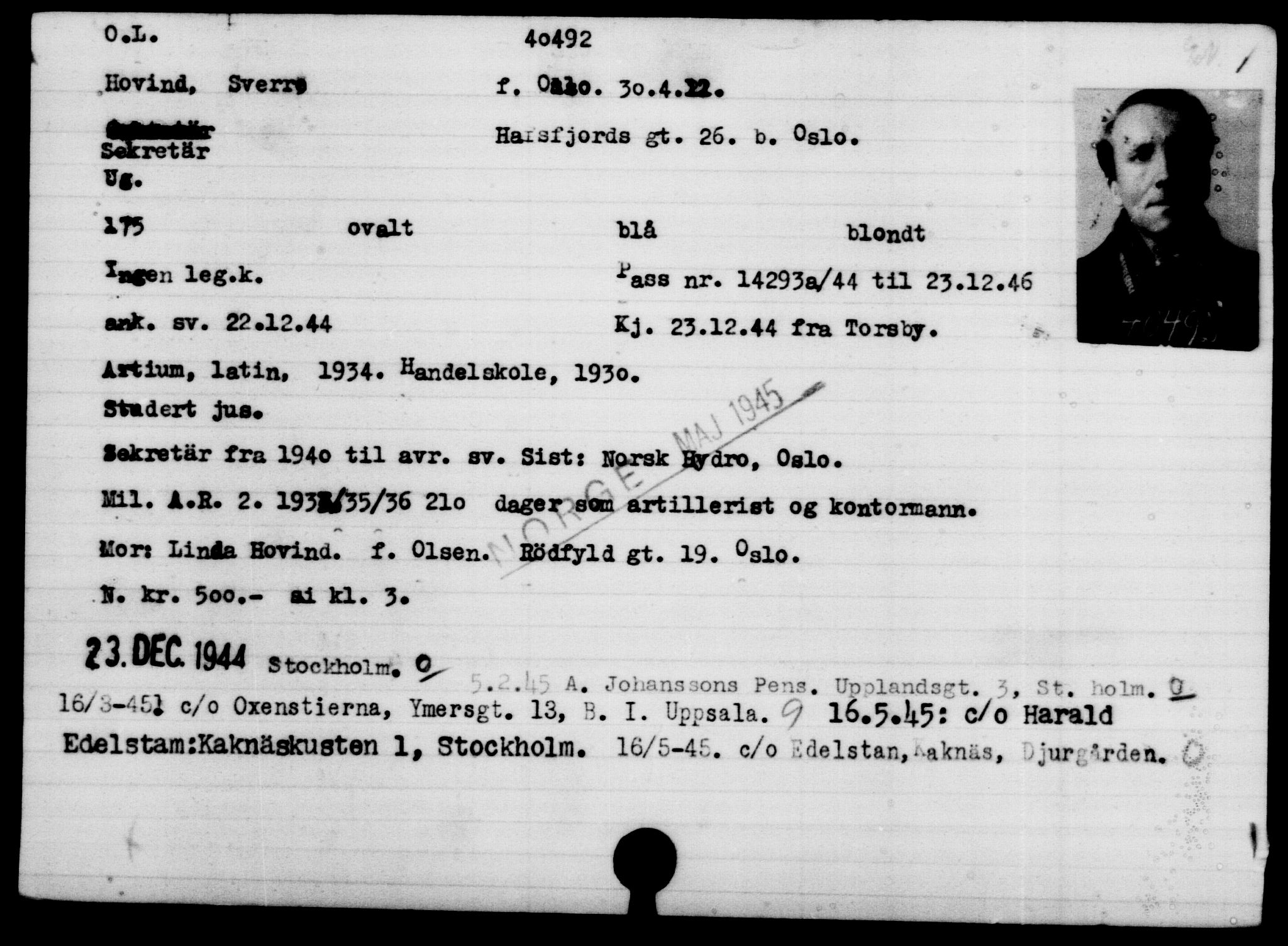 Utenriksstasjonene, Legasjonen i Stockholm, Flyktningkontoret, AV/RA-S-6753/V/Va/L0015: Kjesäterkartoteket, flyktninger med registreringsnr. 37800-40770, 1940-1945, p. 2797