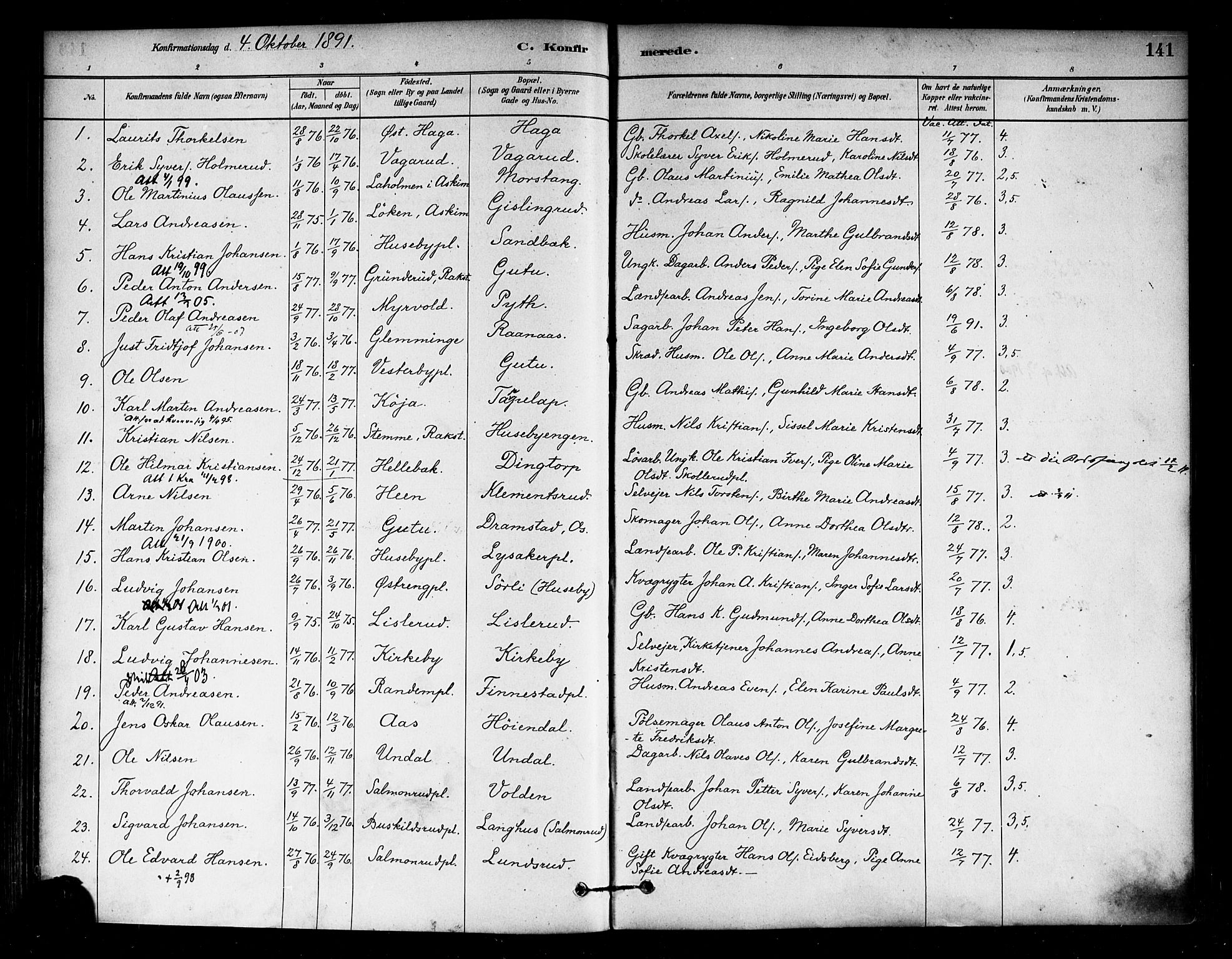 Eidsberg prestekontor Kirkebøker, SAO/A-10905/F/Fa/L0012: Parish register (official) no. I 12, 1879-1901, p. 141