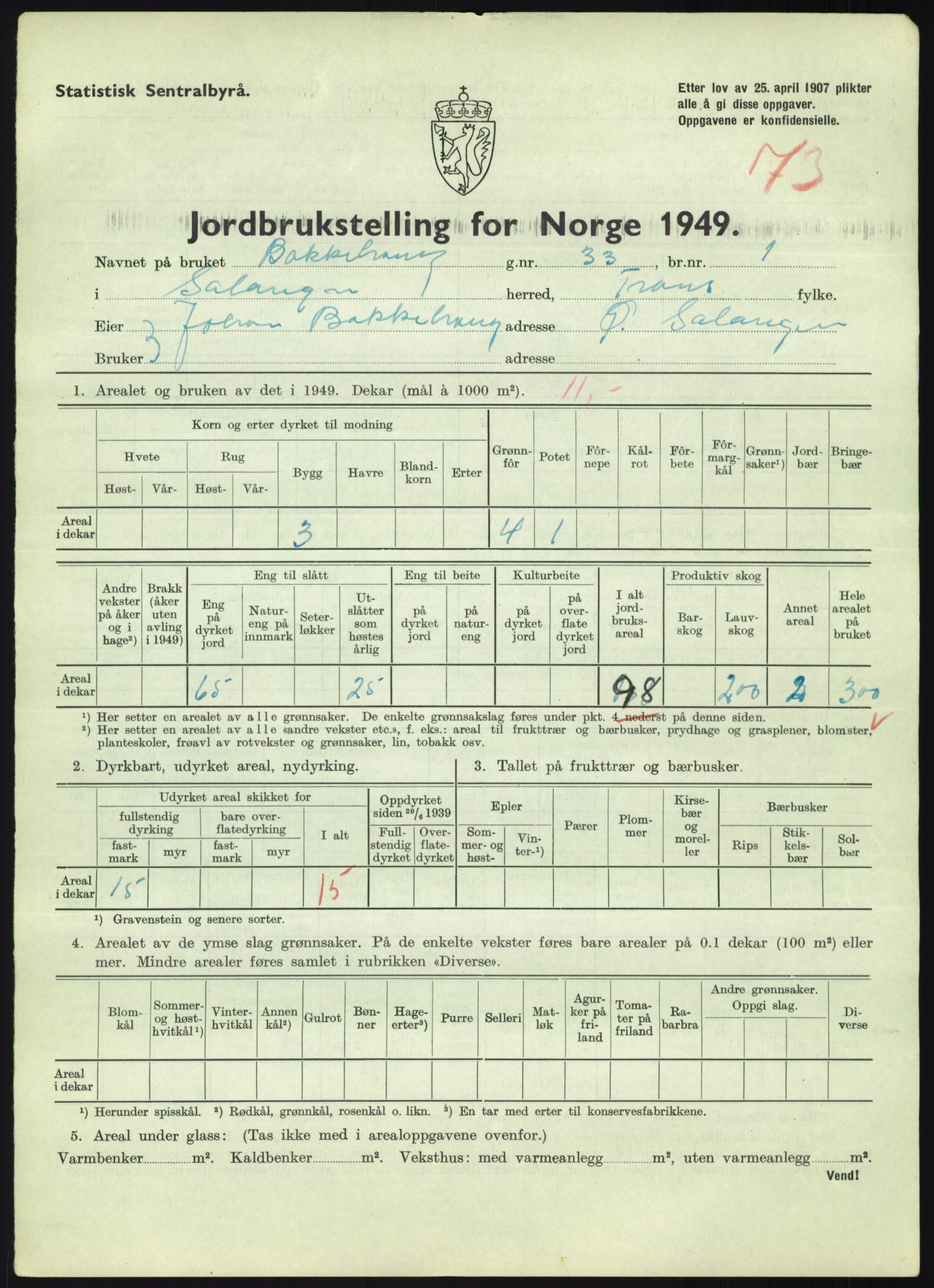 Statistisk sentralbyrå, Næringsøkonomiske emner, Jordbruk, skogbruk, jakt, fiske og fangst, AV/RA-S-2234/G/Gc/L0438: Troms: Salangen og Bardu, 1949, p. 895