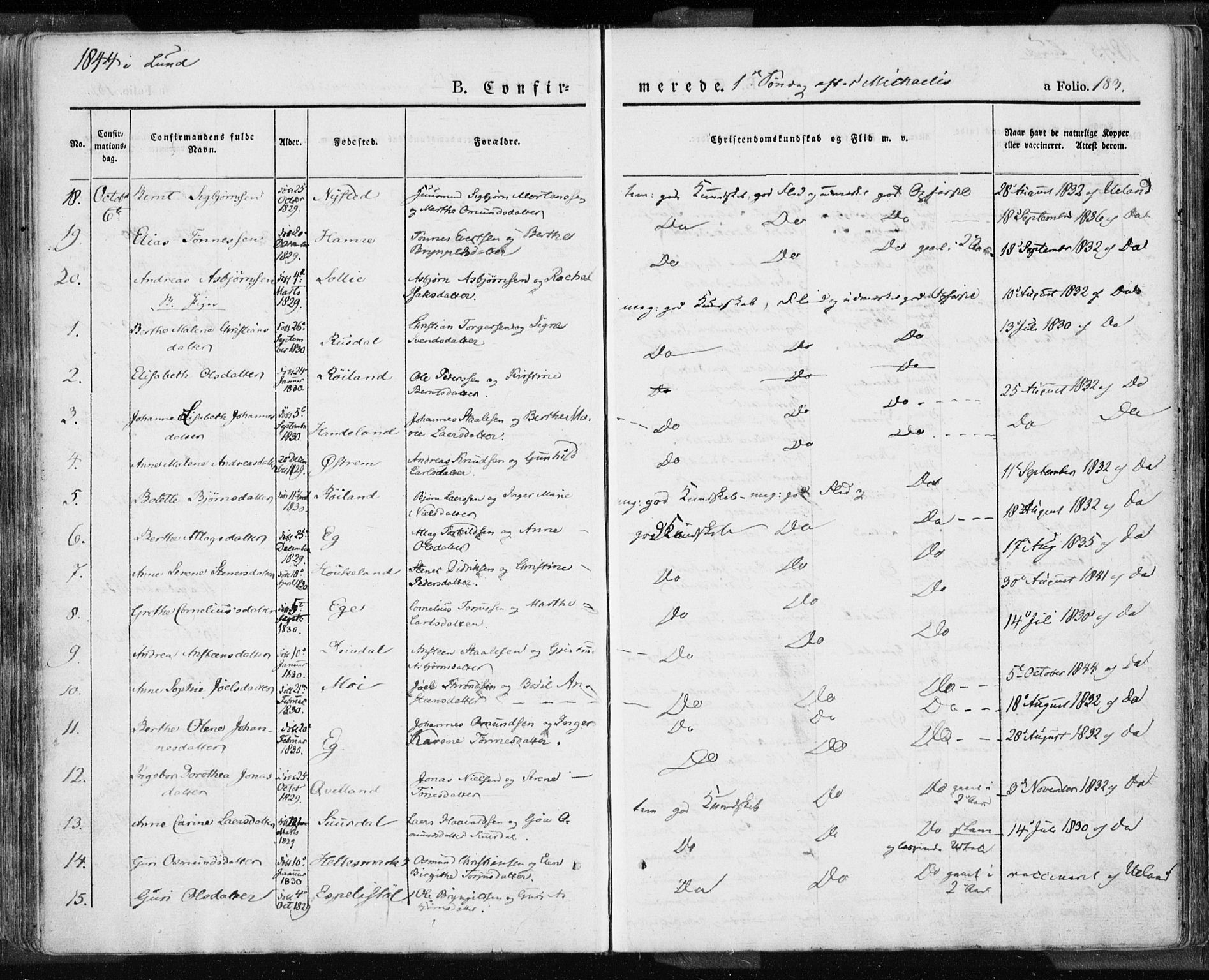 Lund sokneprestkontor, AV/SAST-A-101809/S06/L0007: Parish register (official) no. A 7.1, 1833-1854, p. 183