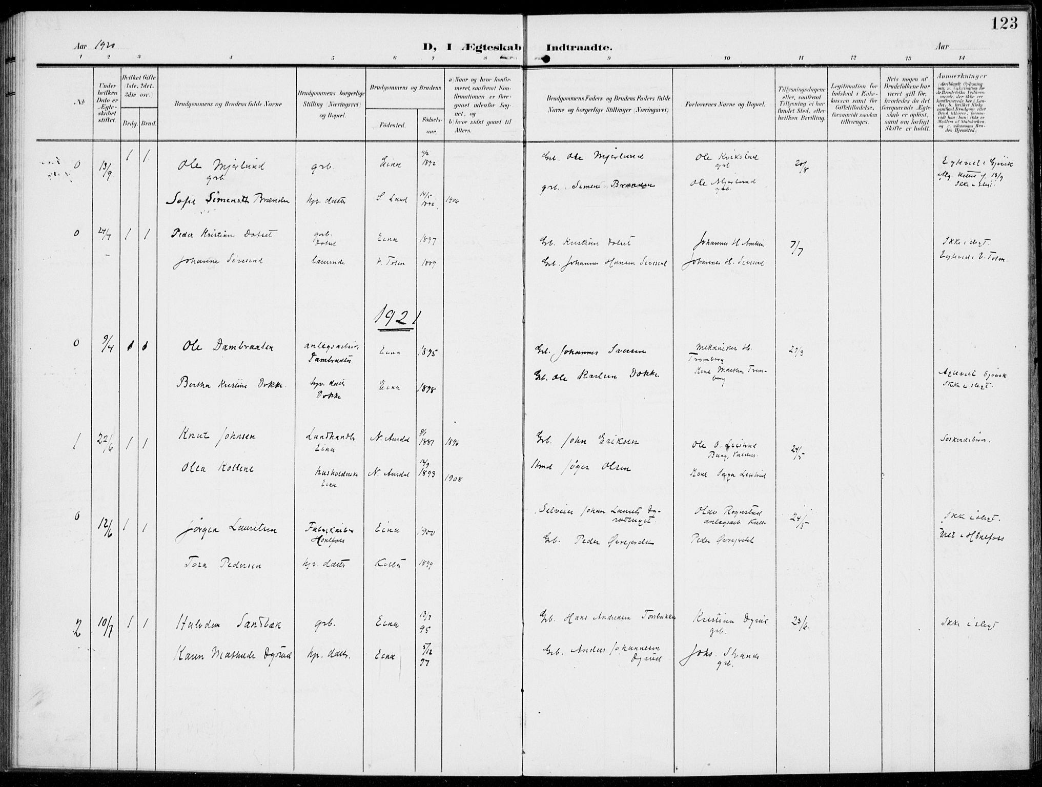 Kolbu prestekontor, SAH/PREST-110/H/Ha/Haa/L0001: Parish register (official) no. 1, 1907-1923, p. 123