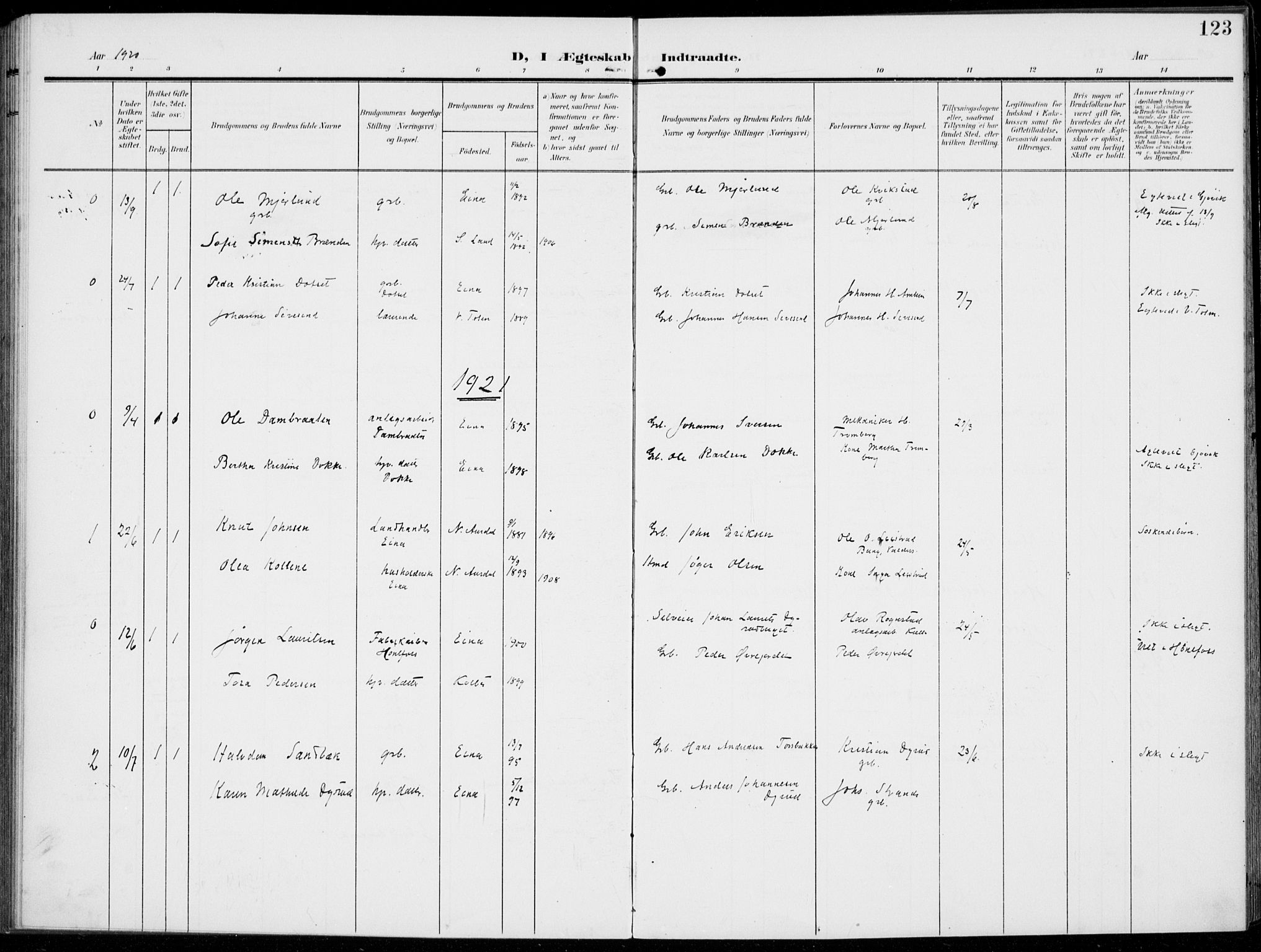 Kolbu prestekontor, AV/SAH-PREST-110/H/Ha/Haa/L0001: Parish register (official) no. 1, 1907-1923, p. 123