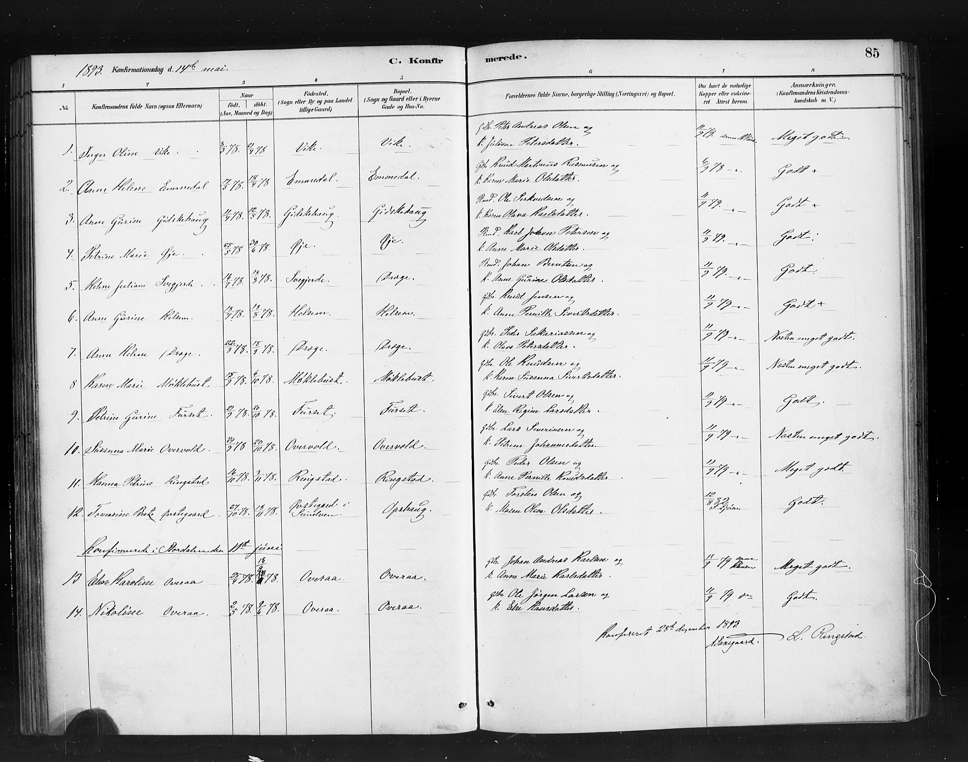 Ministerialprotokoller, klokkerbøker og fødselsregistre - Møre og Romsdal, SAT/A-1454/520/L0283: Parish register (official) no. 520A12, 1882-1898, p. 85