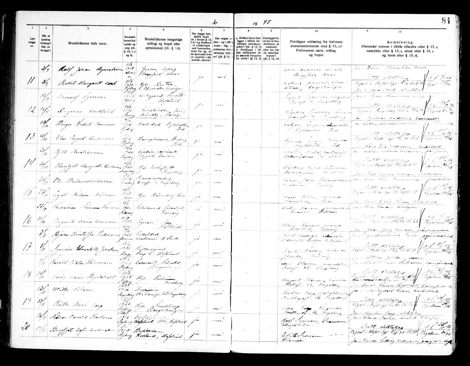 Skjeberg prestekontor Kirkebøker, SAO/A-10923/H/Hc/L0001: Banns register no. III 1, 1919-1949, p. 84